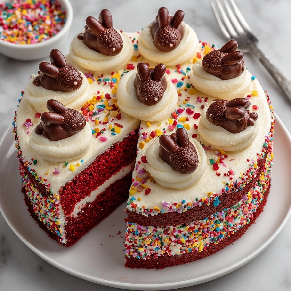 Imagine the delicious Chaos Cake Red Velvet: moist cake layers, cream cheese frosting, and mischievous chocolate "rat" toppers.