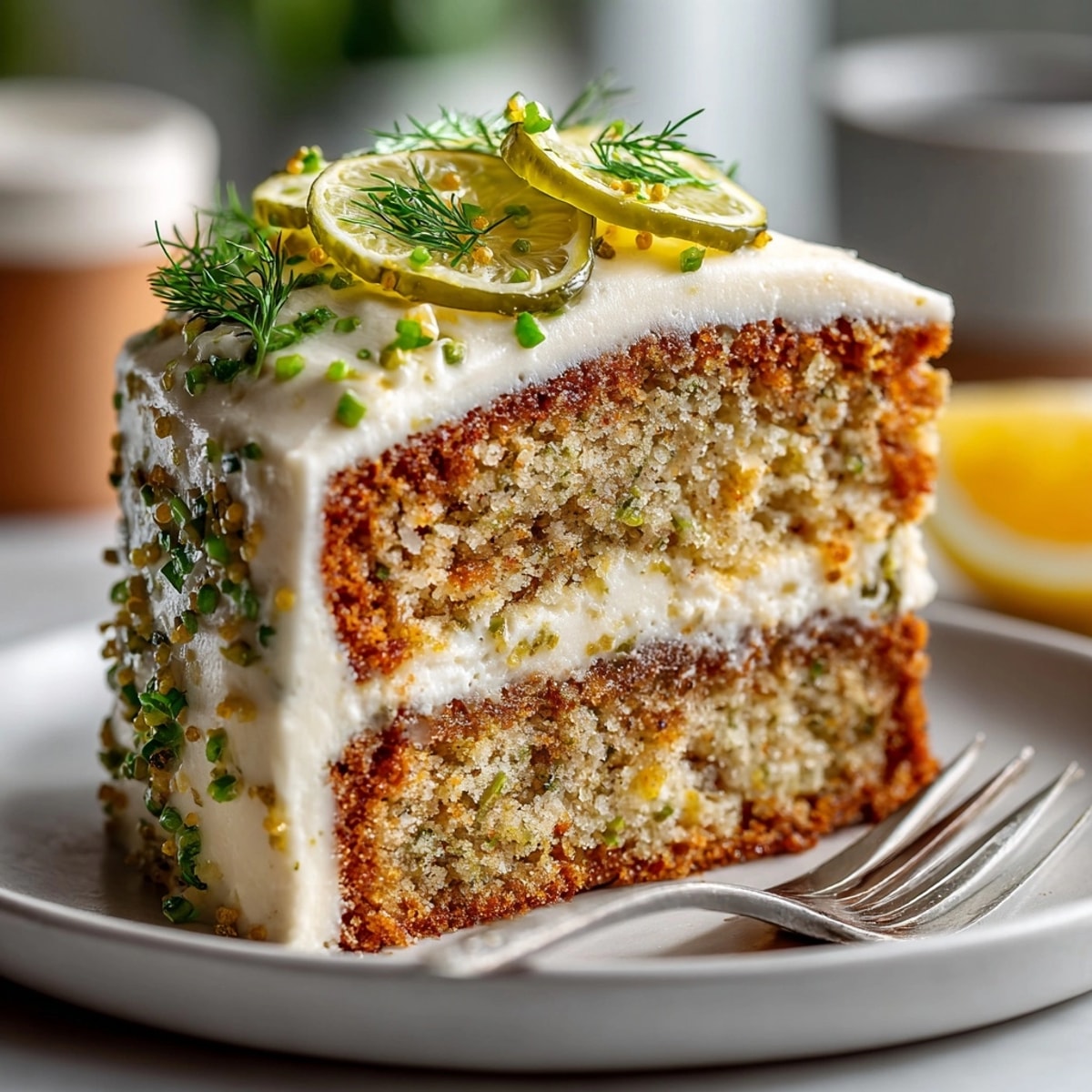 A slice of the unusual pickle buttercream birthday cake, showcasing its creamy, textured frosting.