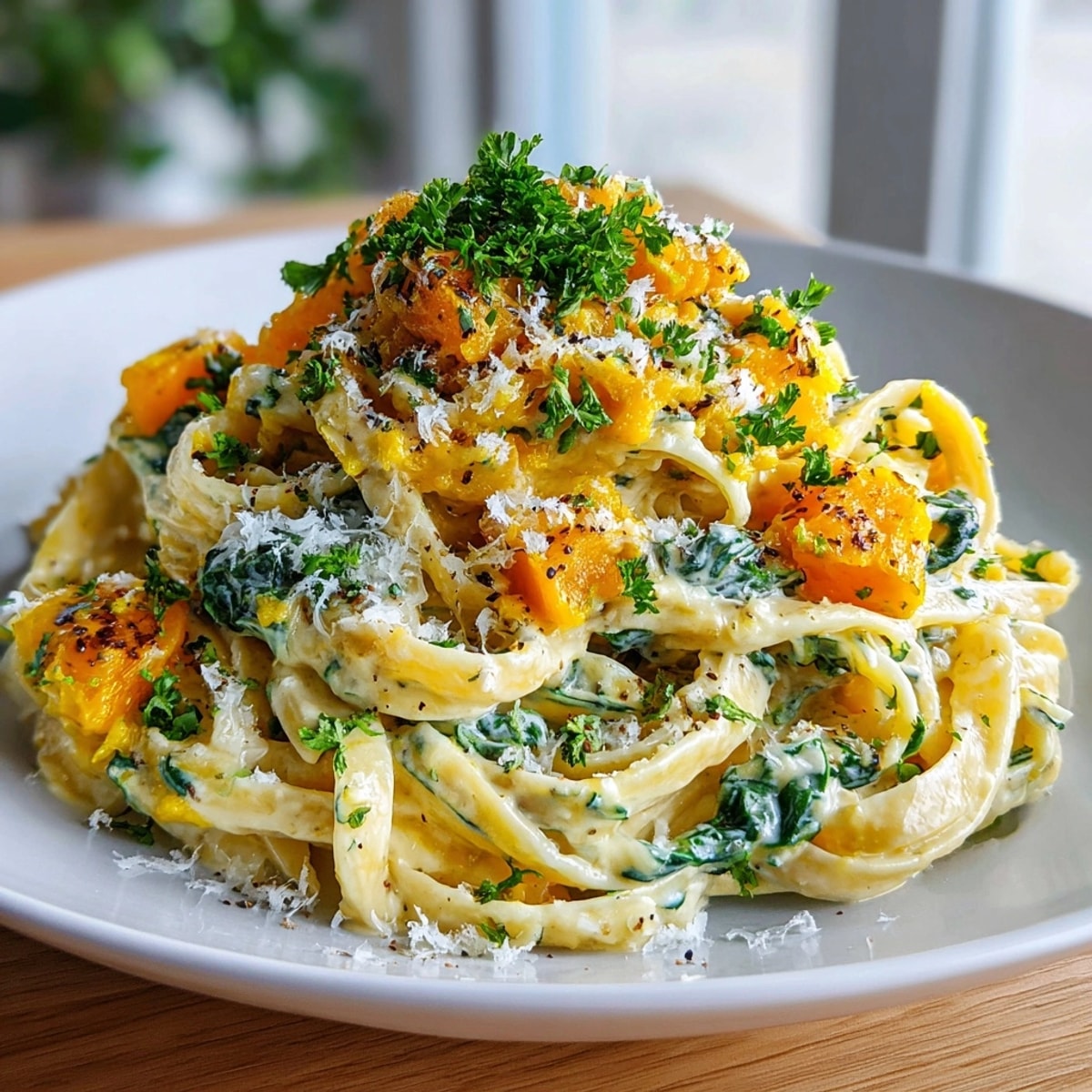 A flavorful plate of Fall Harvest Pumpkin Alfredo Pasta, with a rich, pumpkin-infused Alfredo sauce.