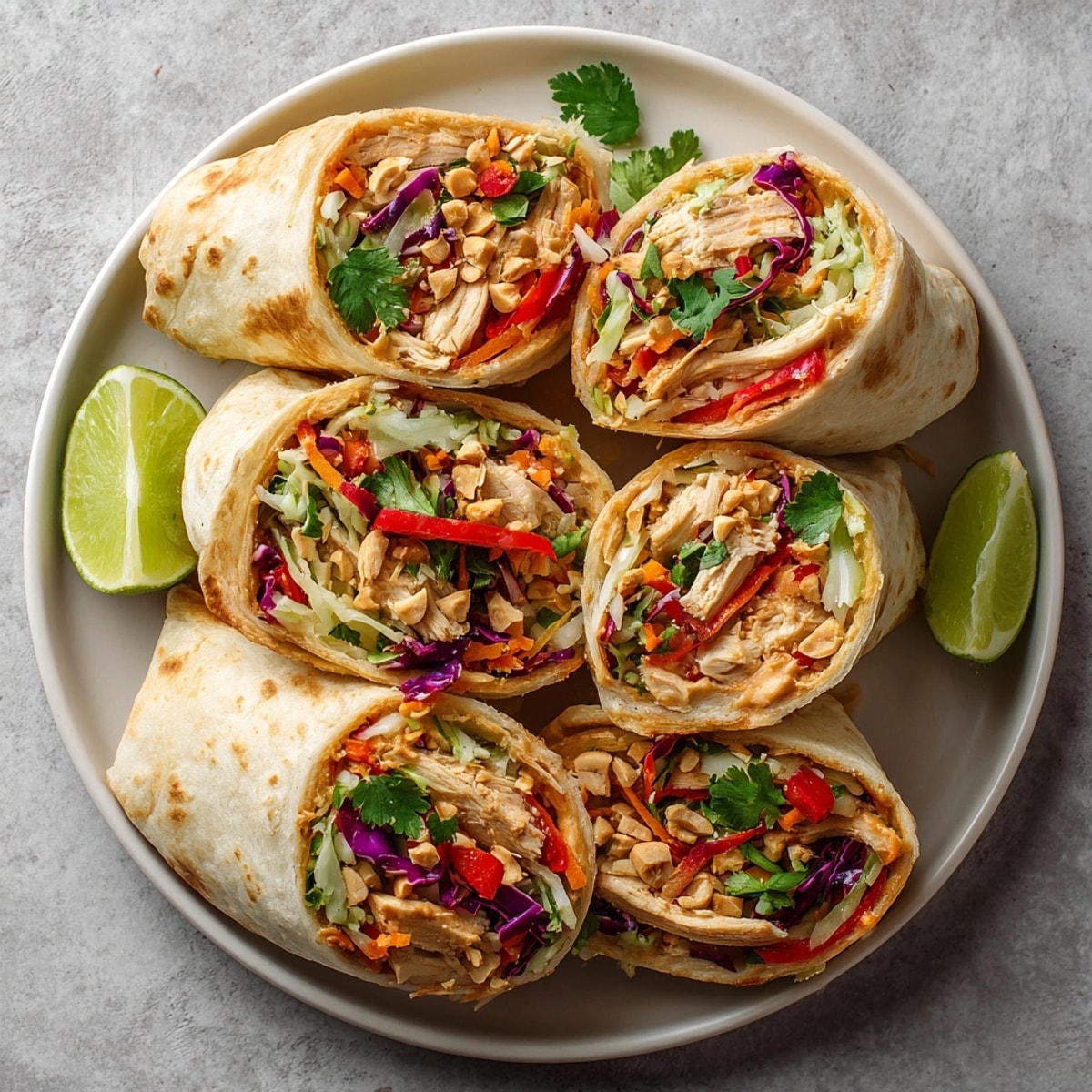 Freshly assembled Thai Peanut Chicken Salad Wraps with tangy sauce, garnished with lime wedges for a zesty finish.