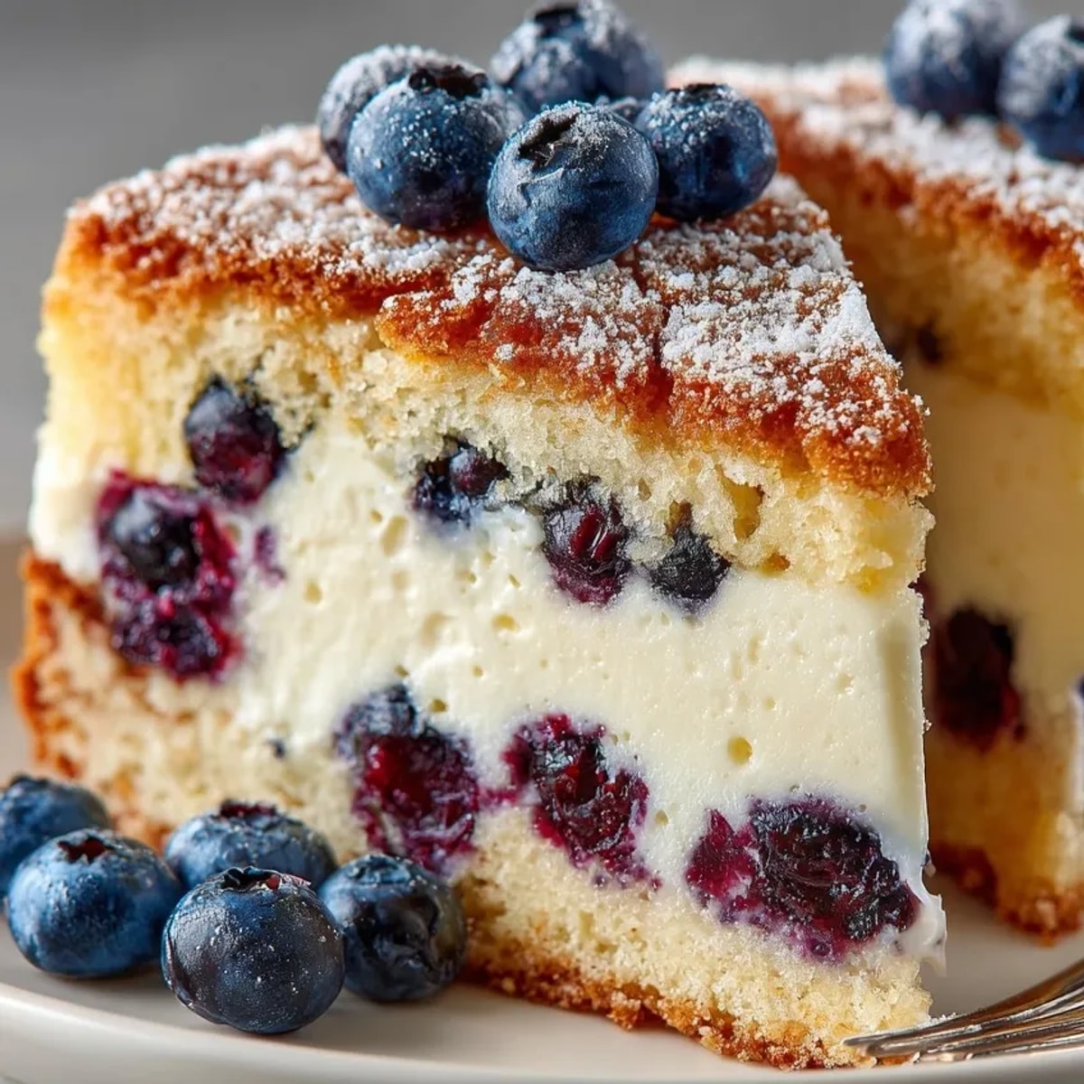 Golden Ricotta Blueberry Breakfast Cake cooling on a rack, topped with glistening turbinado sugar.