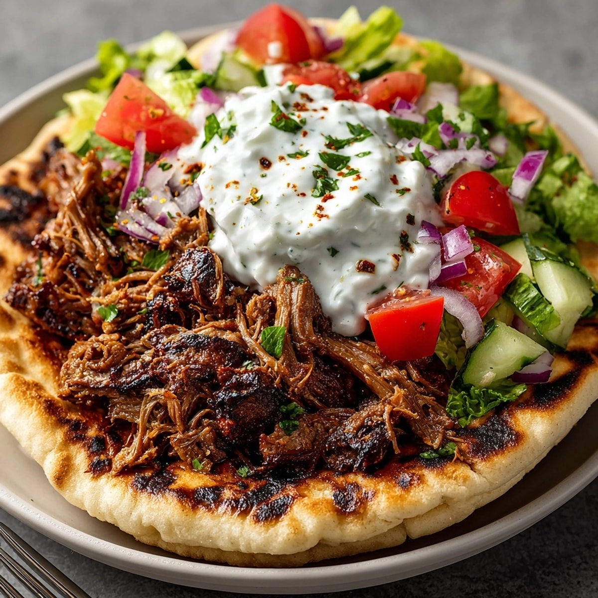 Slow Cooker Beef Gyros served in fluffy pita with vibrant veggies and creamy tzatziki.