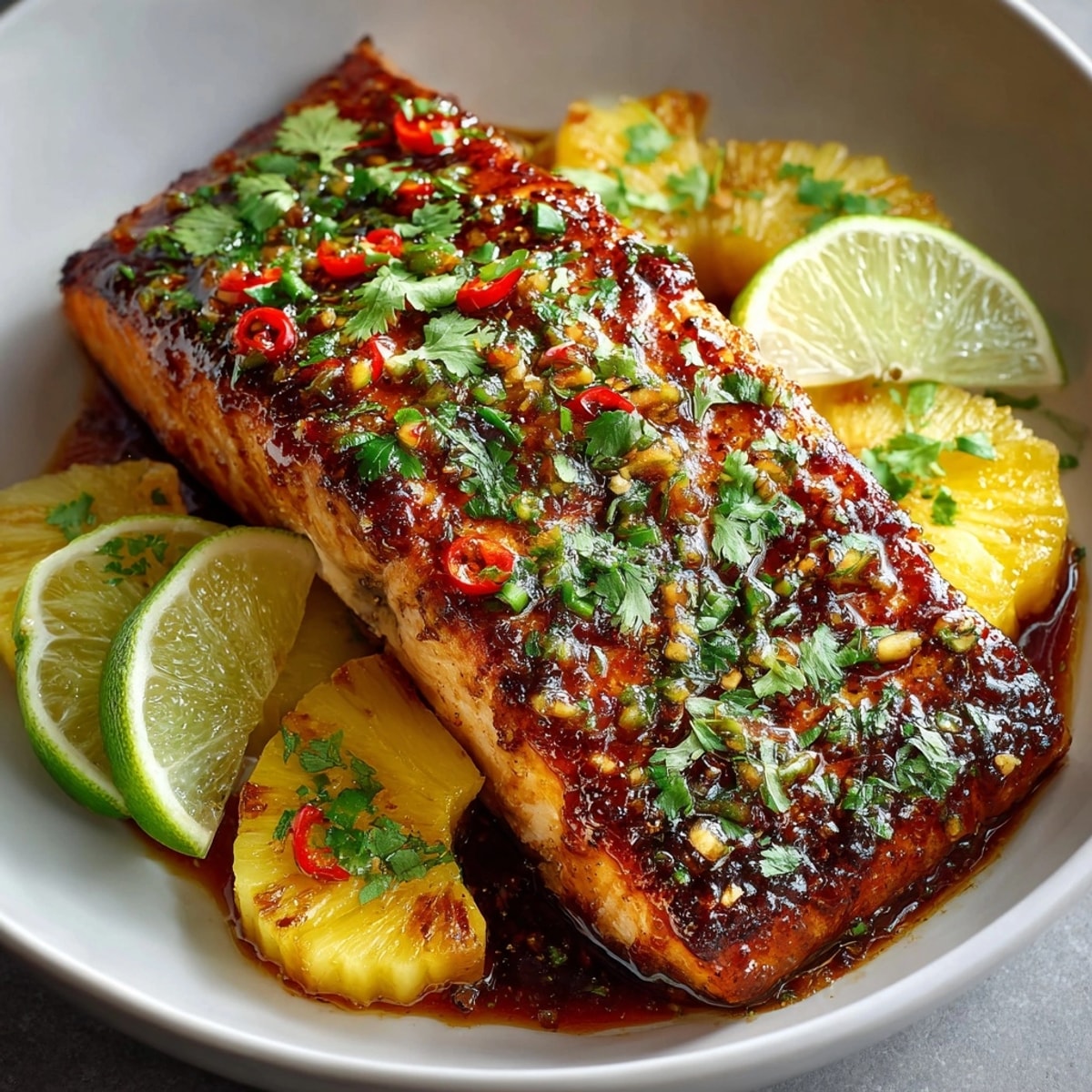 Baked pineapple salmon fillet on a white plate, topped with fresh cilantro and lime slices.