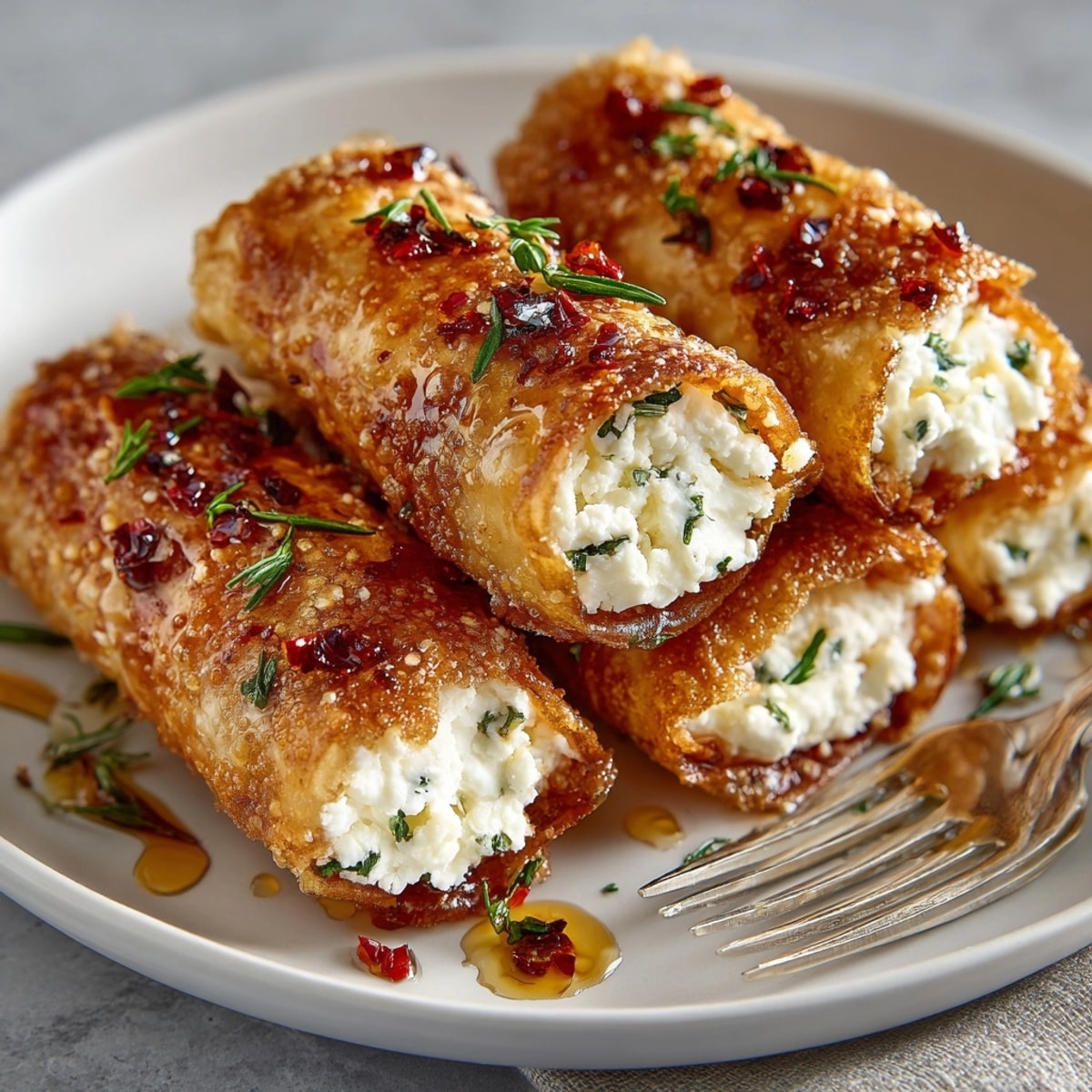 Oven Fried Feta Rolls with Chili Honey arranged on a serving platter, crispy and golden with chili honey glistening.
