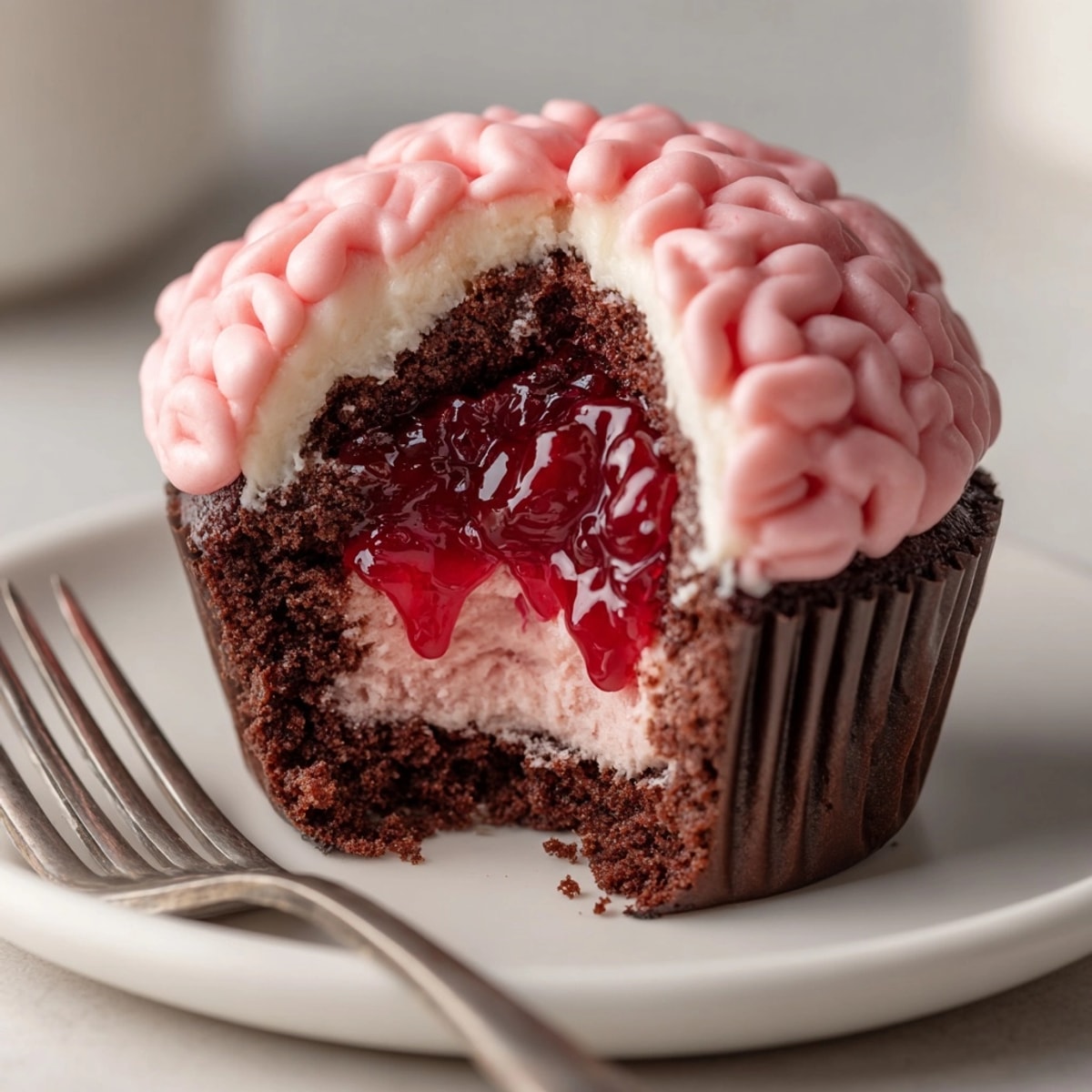 Gooey raspberry jam oozes from piped vanilla frosting on Zombie Brain Cupcakes.