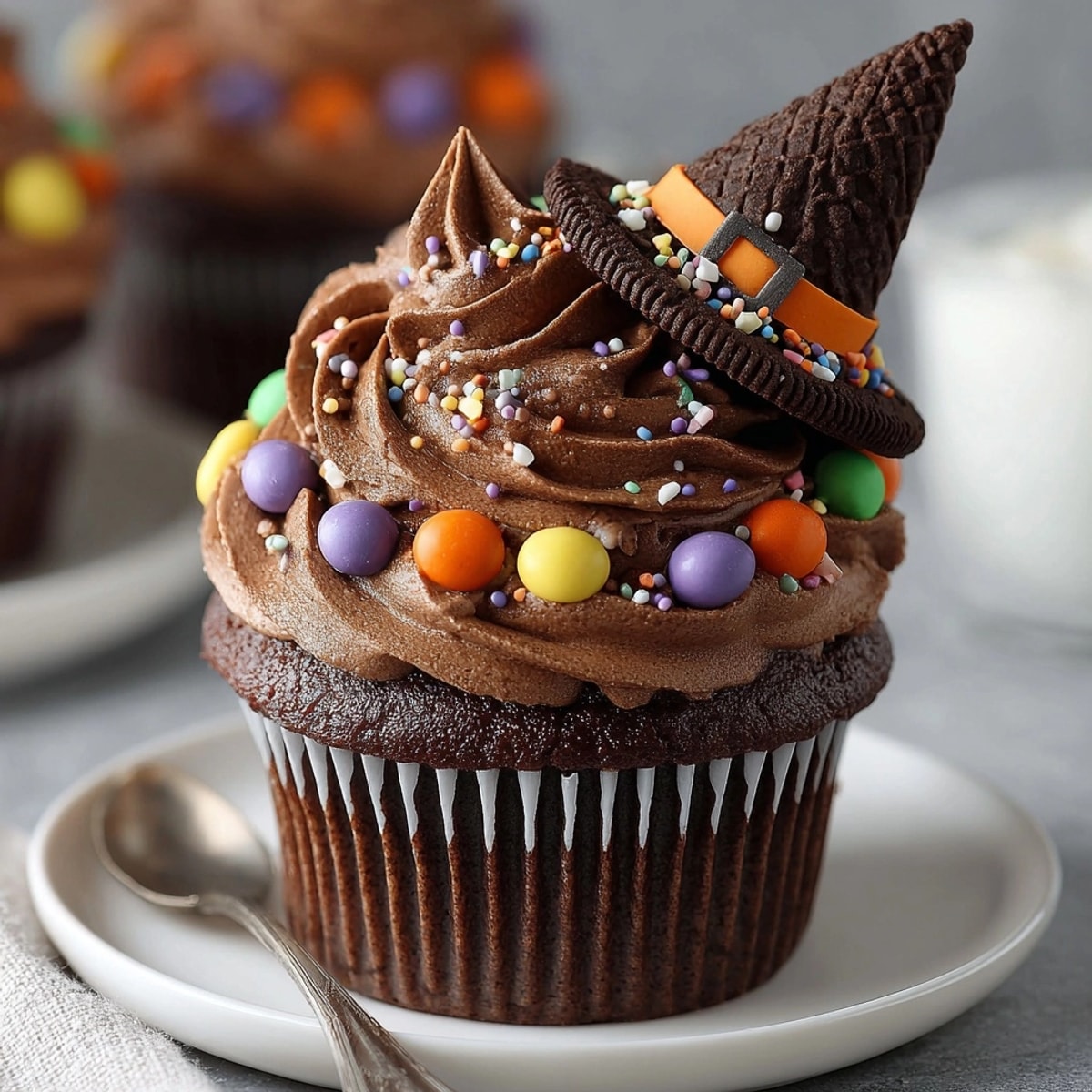 Close-up of Witch Hat Surprise Cupcakes showing chocolate cone hats and colorful sprinkles.