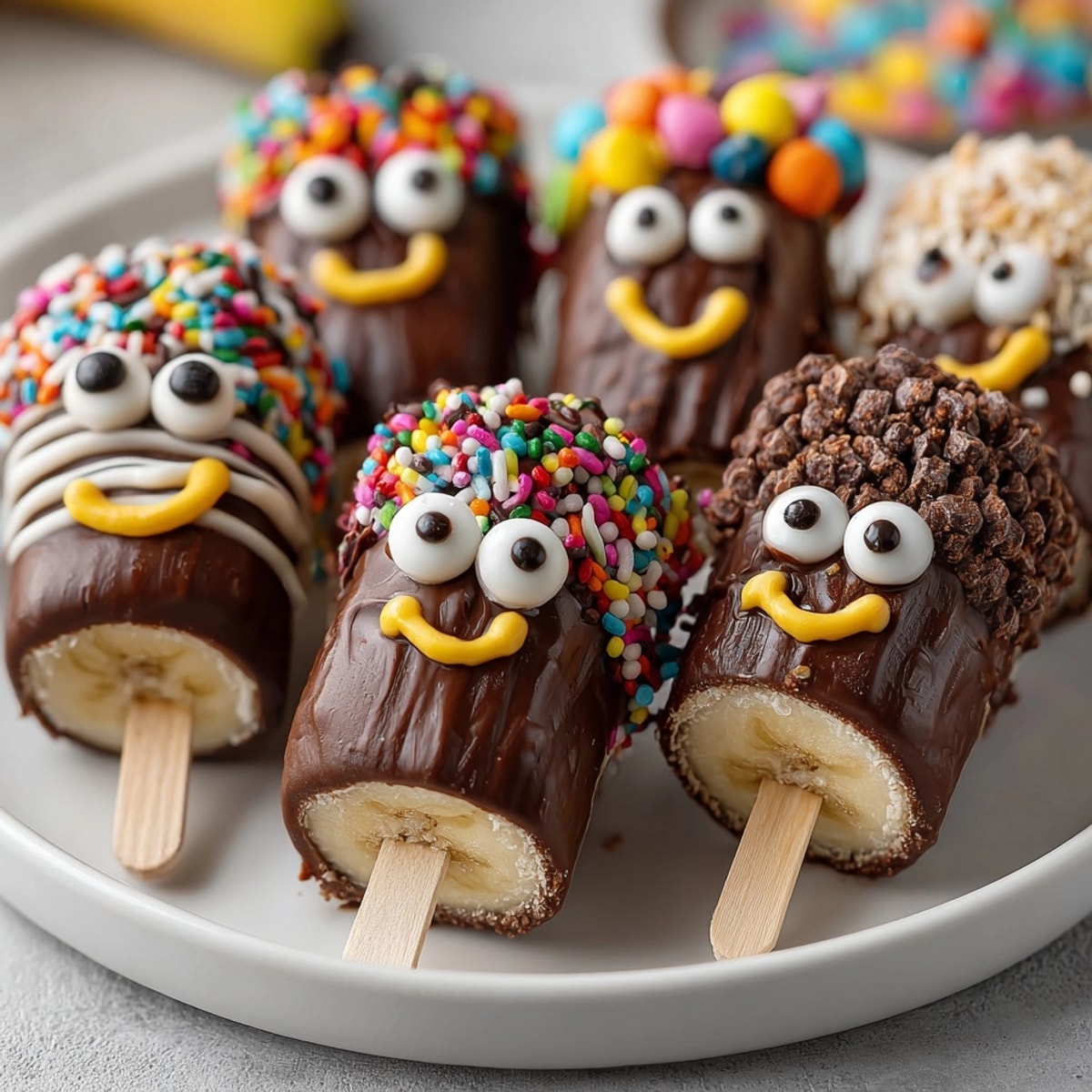 Frozen Spooky Chocolate-Covered Banana Bites decorated with candy eyes ready for a Halloween party.