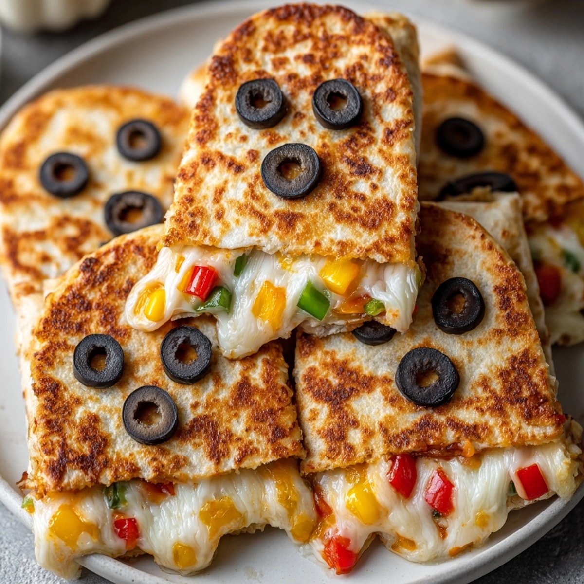 Golden-baked ghost quesadillas with gooey cheese eyes, served warm with salsa.