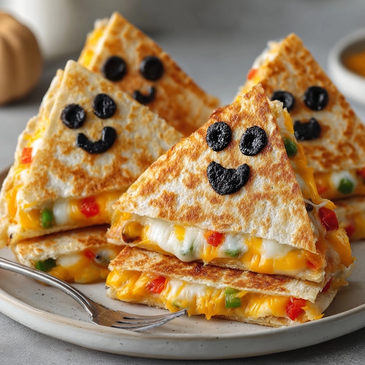 Crispy ghost quesadillas, melted mozzarella and cheddar oozing, spooky olive faces.