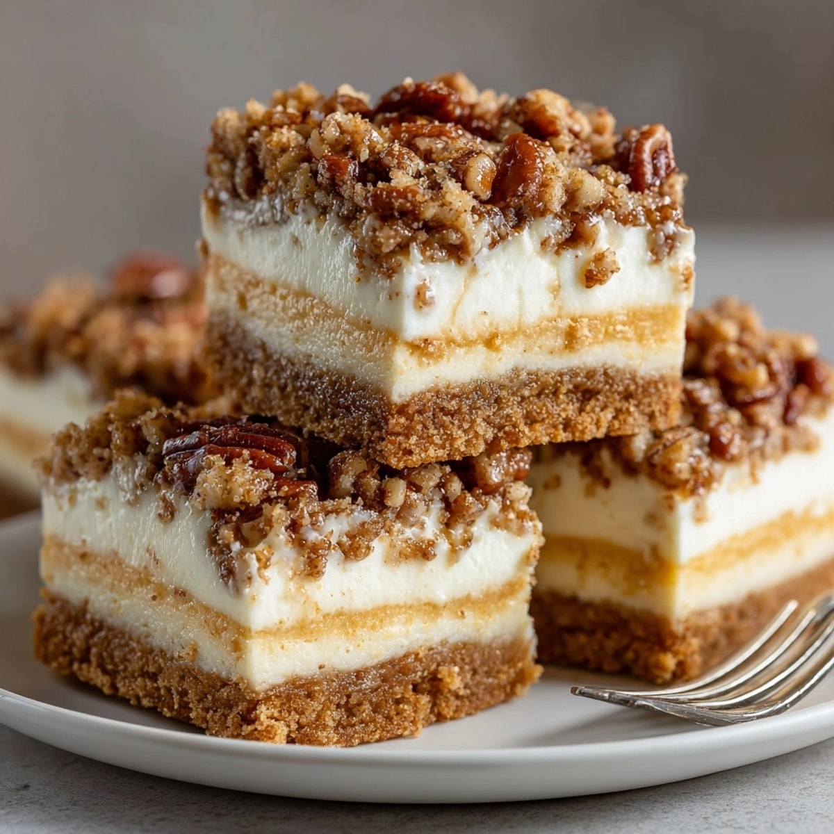 Golden Pumpkin Cheesecake Bars with Pecan Streusel, fresh from the oven and ready for serving.