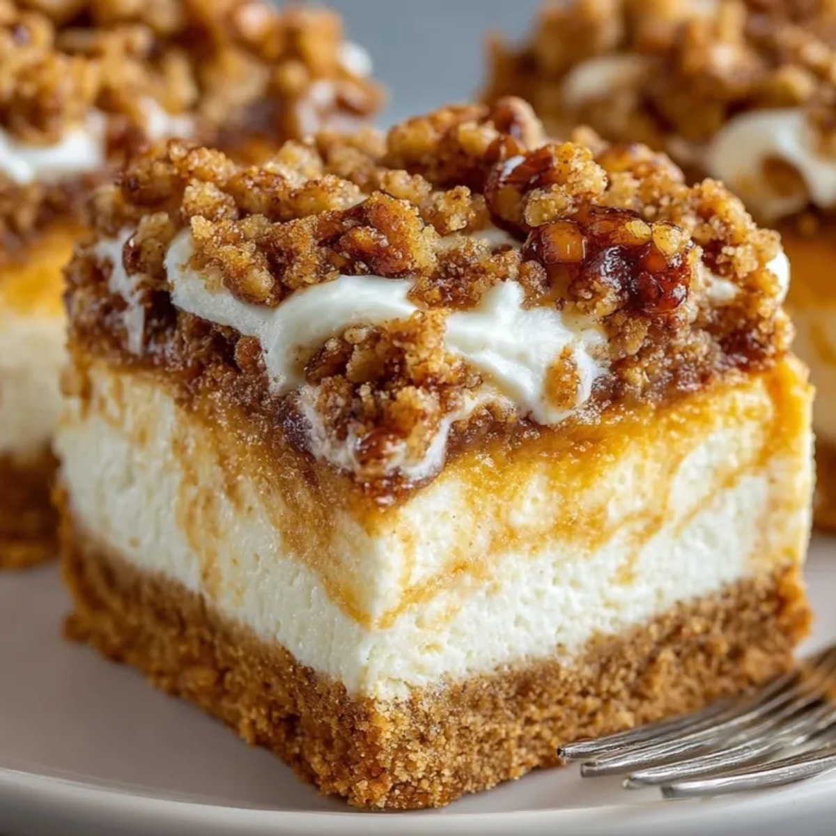 Close up of Pumpkin Cheesecake Bars with Pecan Streusel showcasing layers of creamy, spiced goodness.