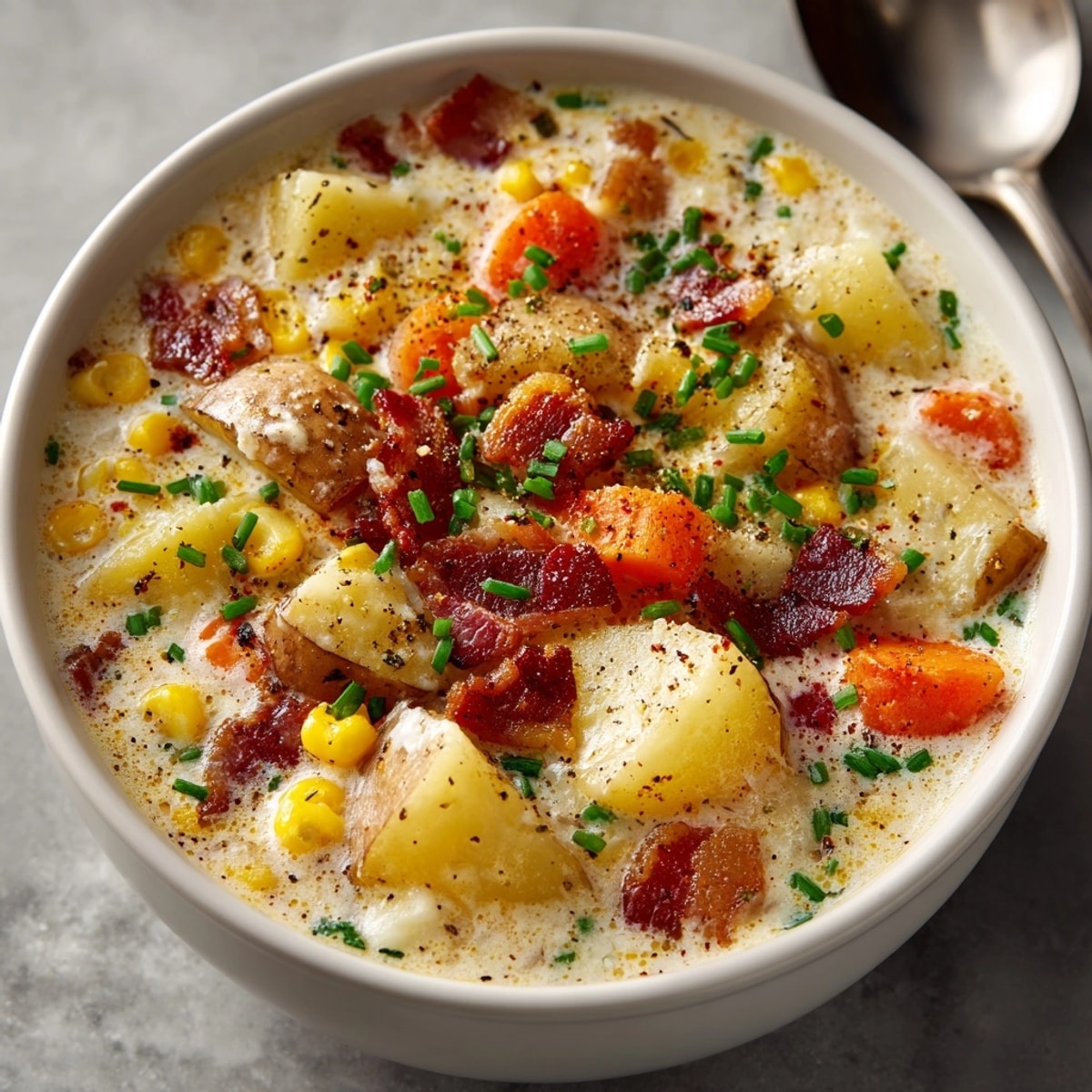 Creamy Slow Cooker Corn Chowder with Bacon, garnished with chives, ready to enjoy.