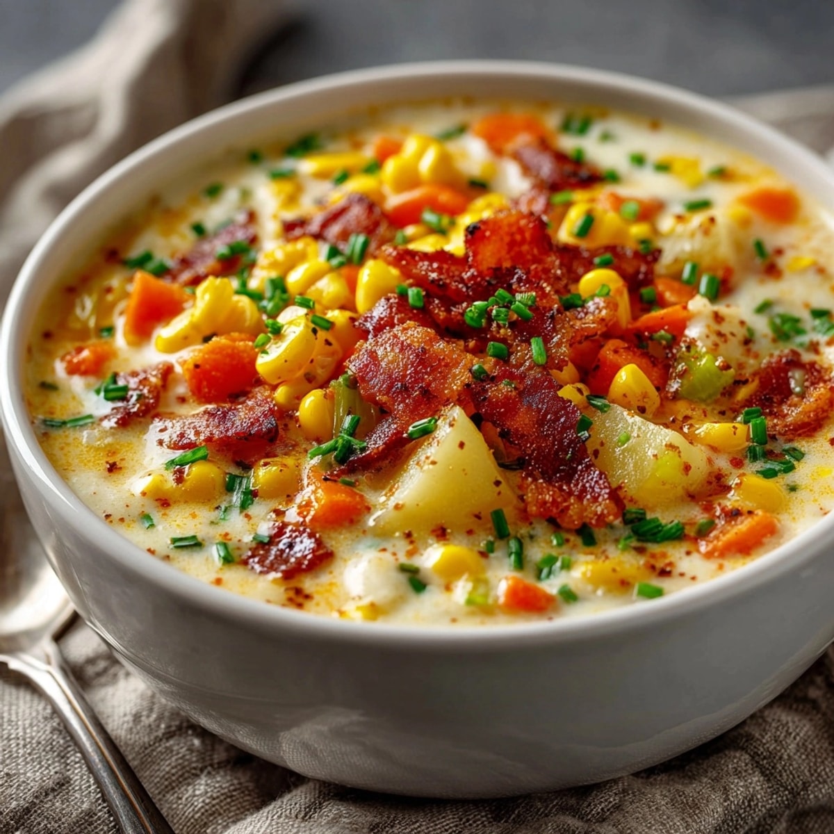 Homemade Slow Cooker Corn Chowder with crispy bacon, perfect for chilly evenings, comforting and simple.