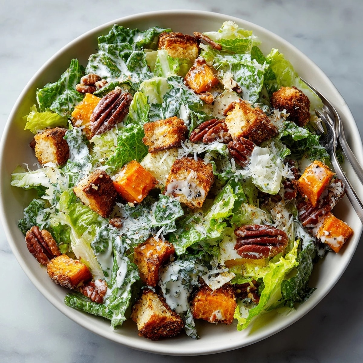 Golden roasted squash and toasted pecans atop a vibrant Autumn Caesar Salad.