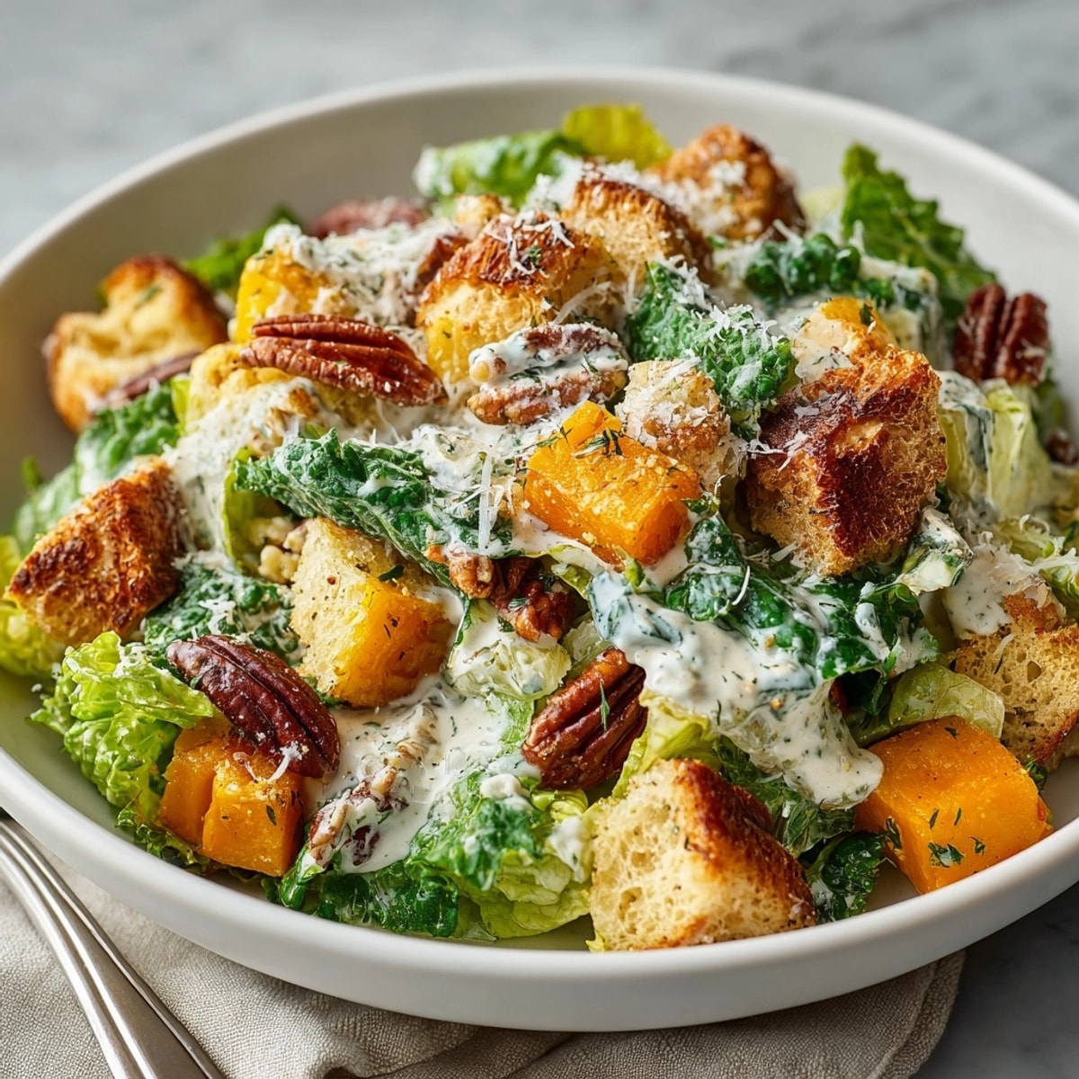 Close-up of the creamy Autumn Caesar Salad, a symphony of autumnal flavors.