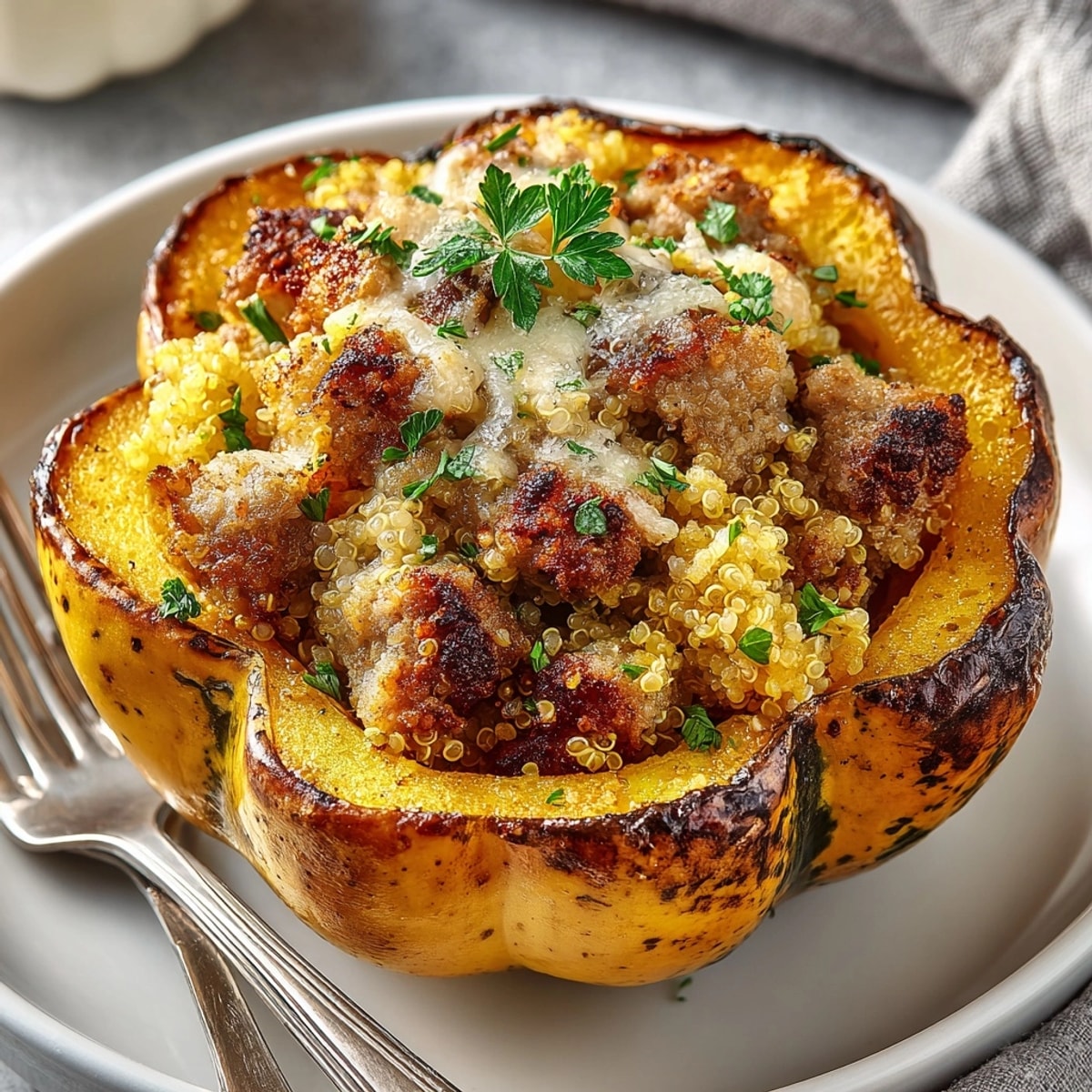 Savory Chicken Apple Sausage Stuffed Acorn Squash, golden-brown and ready to be devoured.