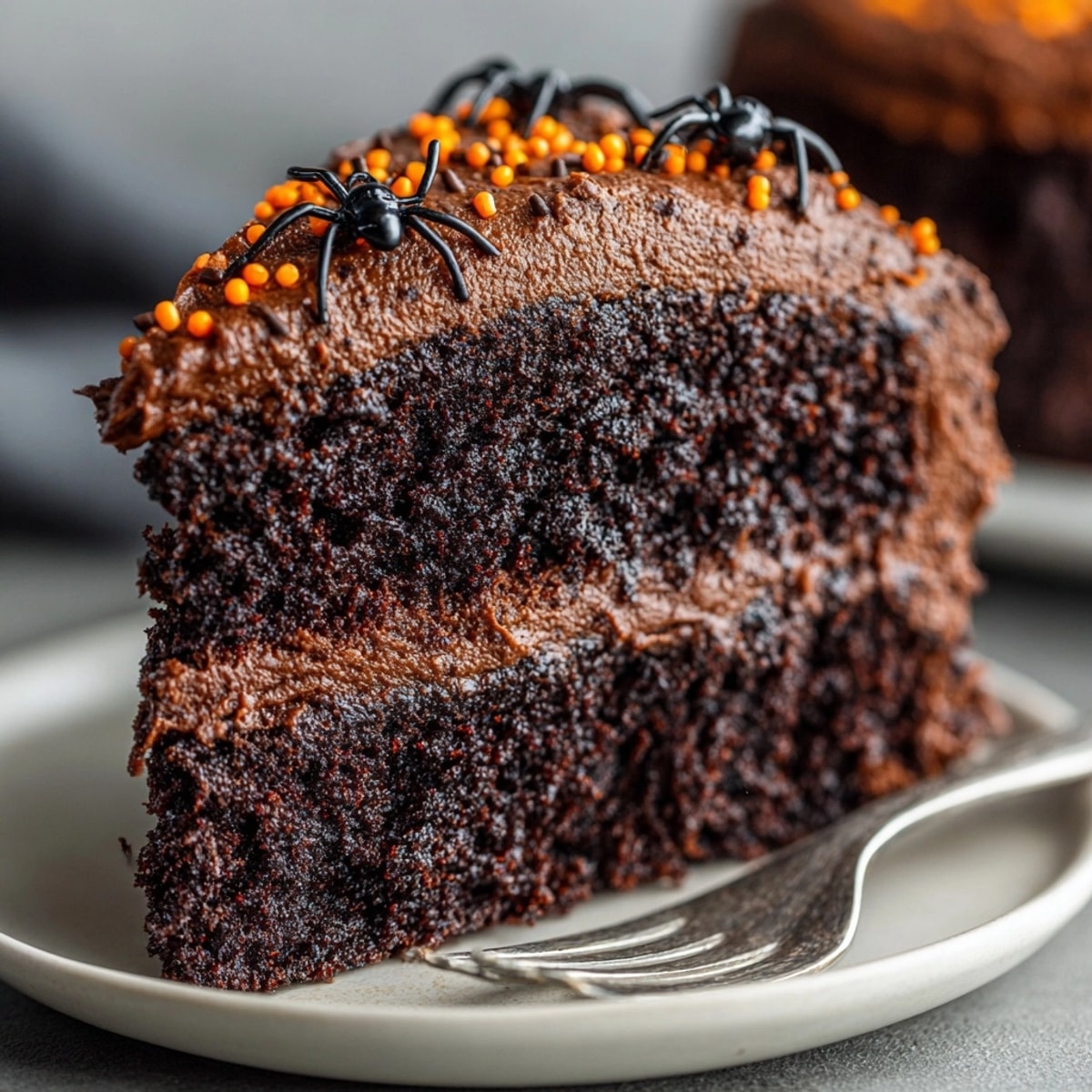Black Magic Chocolate Cake: Rich, dark layers frosted with creamy chocolate swirls.