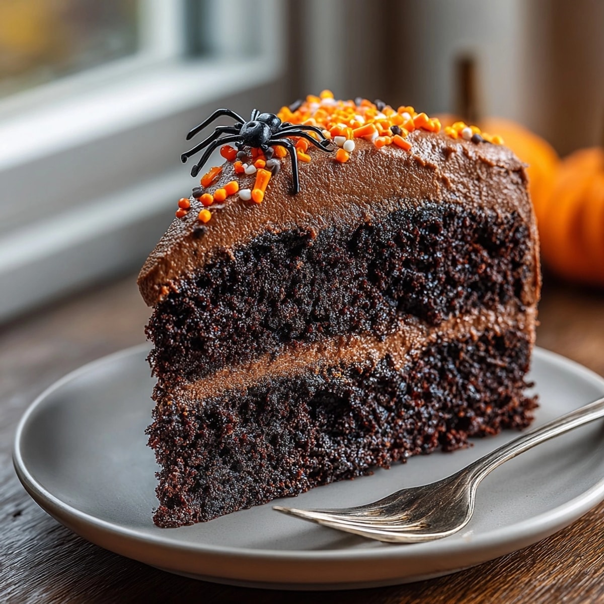 A slice of moist Black Magic Chocolate Cake, garnished with Halloween sprinkles.