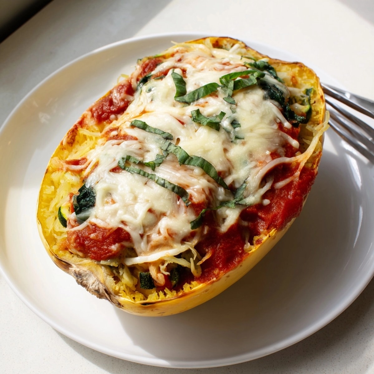 Savory Roasted Garlic Spaghetti Squash Lasagna Boats filled with ricotta, spinach and marinara.