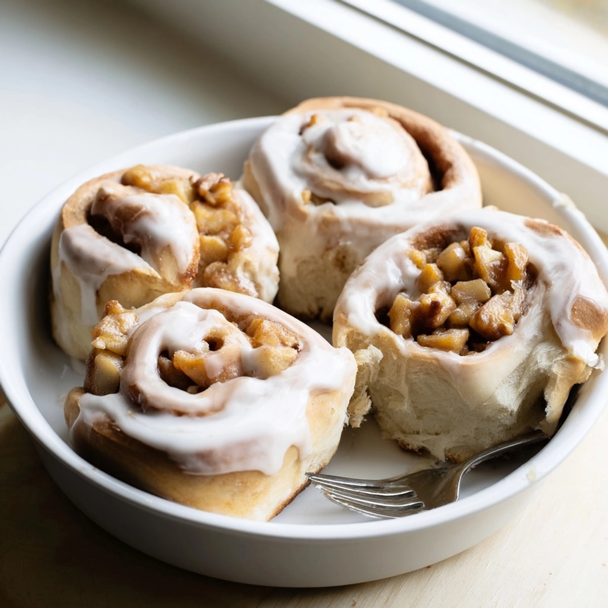 Golden brown Apple Cinnamon Rolls, fresh out of the oven, drizzled with sweet icing glaze.
