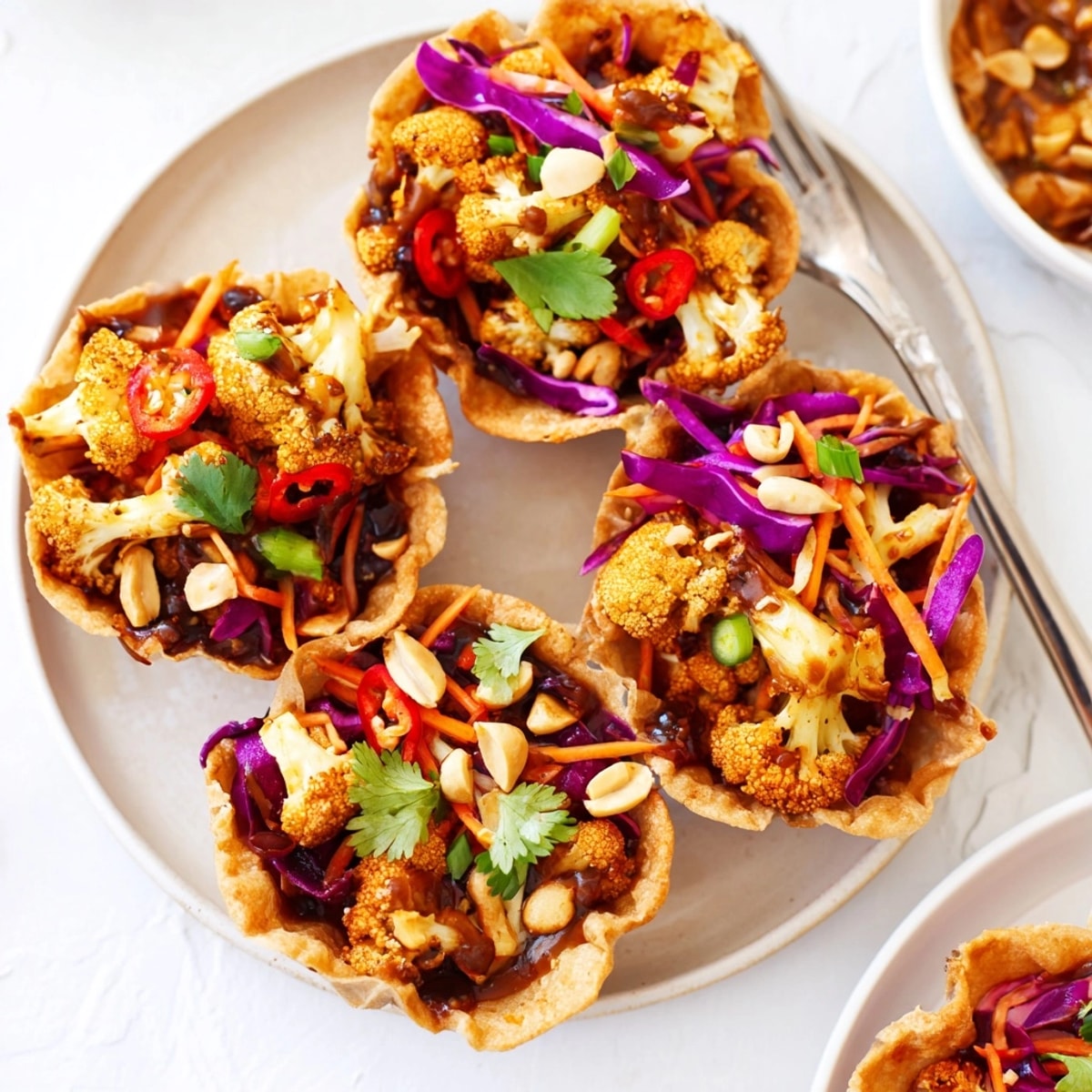 Golden Thai Peanut Cauliflower Taco Cups, radiating steam. Vibrant veggies add color.