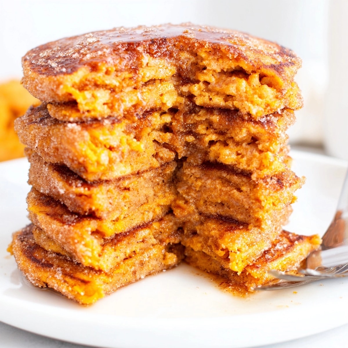 Stack of warm Cinnamon Sugar Sweet Potato Pancakes glistening with cinnamon sugar.