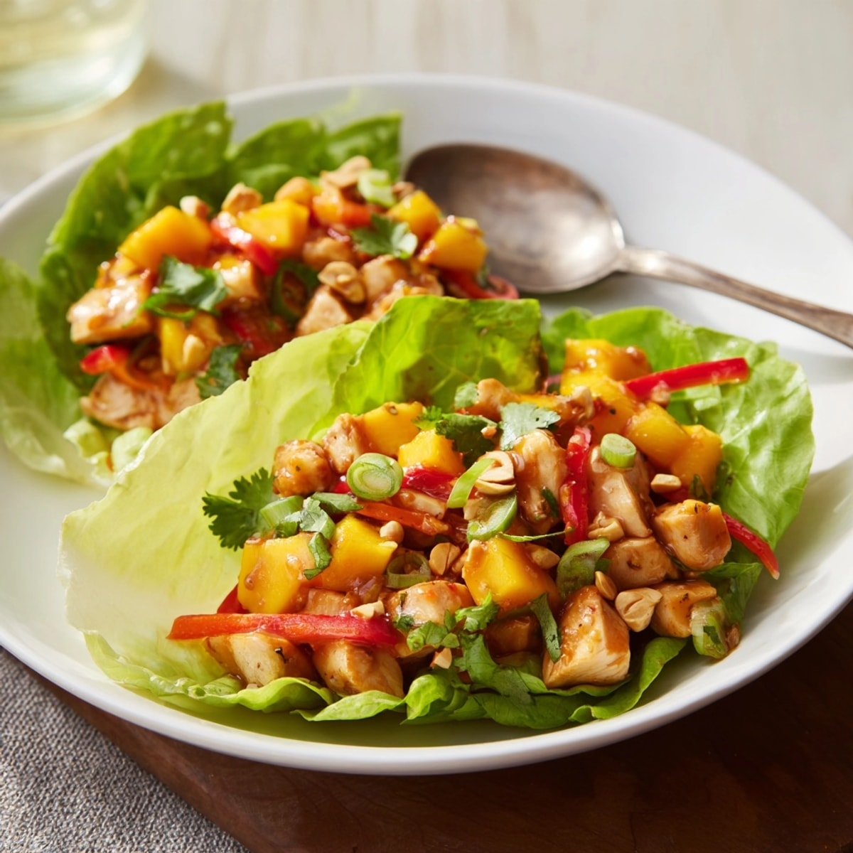 Close-up showing vibrant Mango Chili Chicken Lettuce Cups, ready to be enjoyed.