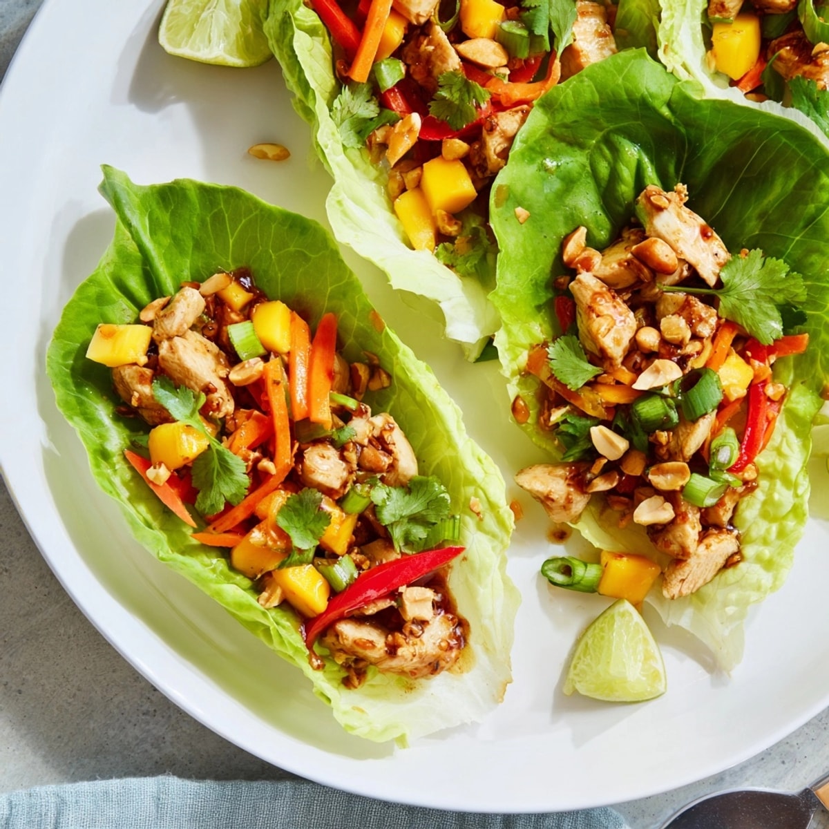 Golden chicken filling with sweet mango chunks inside crisp lettuce: Mango Chili Chicken Cups.