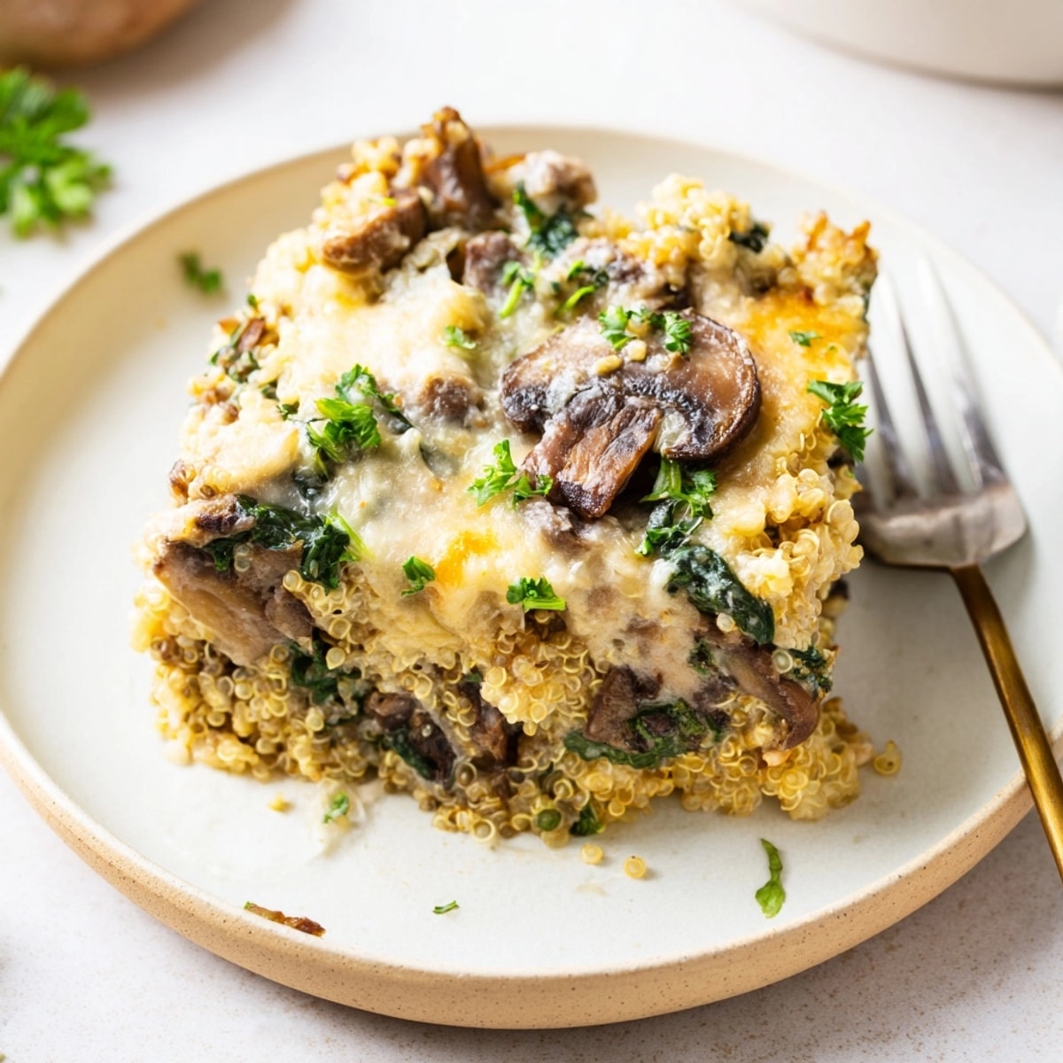 Golden-brown Alfredo Quinoa Mushroom Bake with melted mozzarella, ready to serve hot.