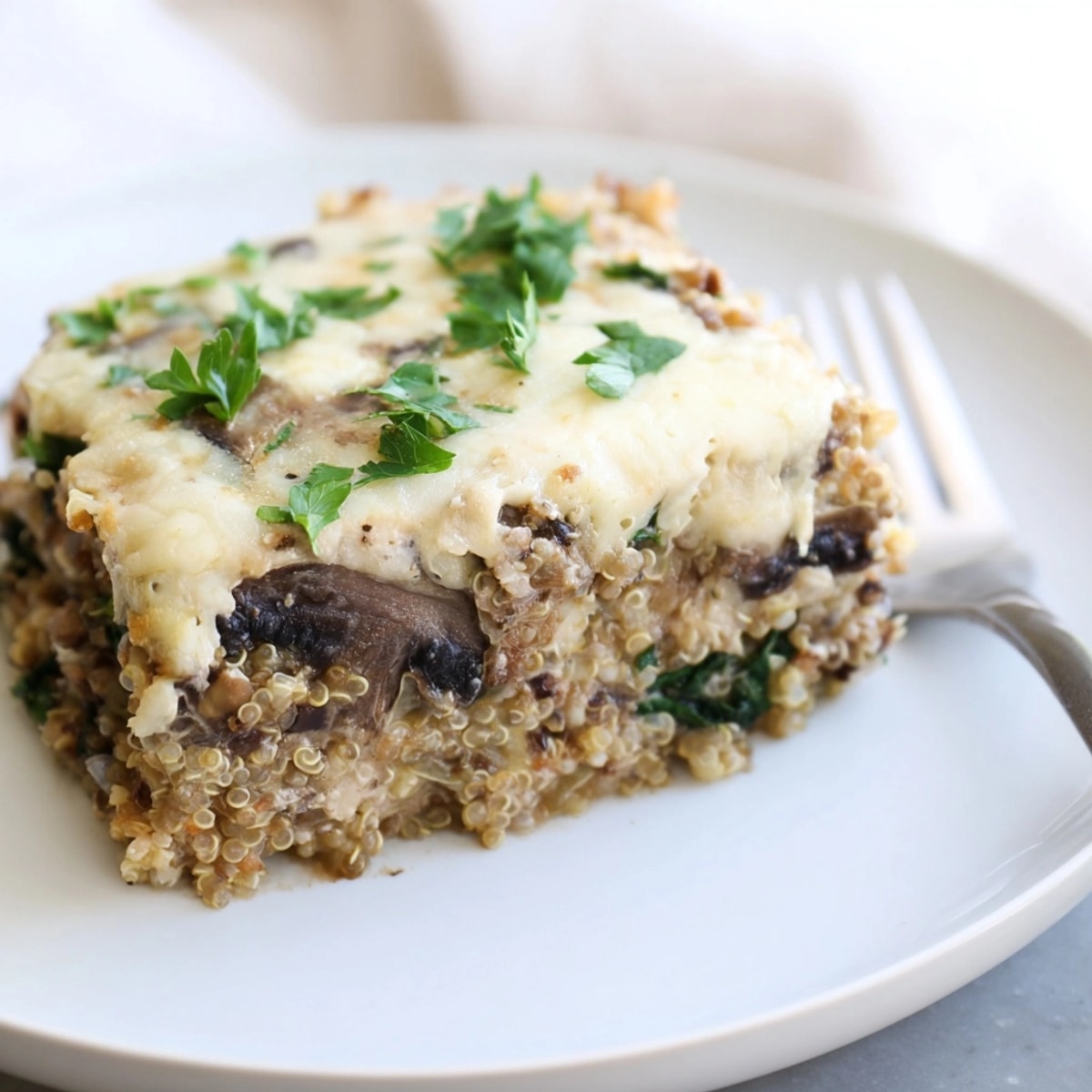 Close-up of a freshly baked Alfredo Quinoa Mushroom Bake, garnished with parsley.