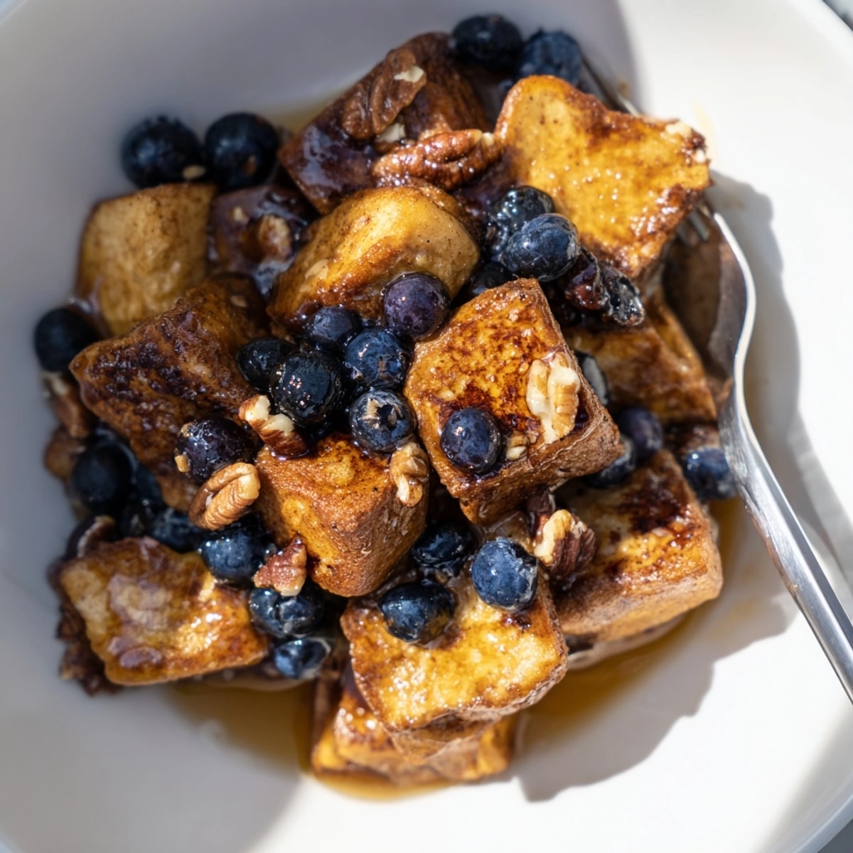 Golden Protein Blueberry French Toast Bake, warm from the oven, topped with crunchy pecans.