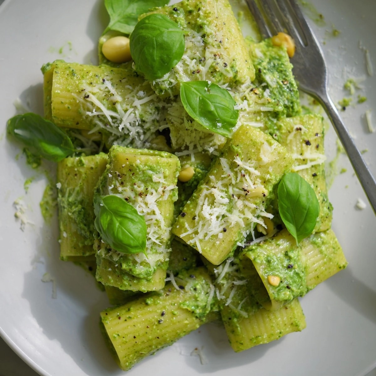 Creamy Ricotta Spinach Pesto Pasta, glistening with olive oil, garnished with fresh basil.