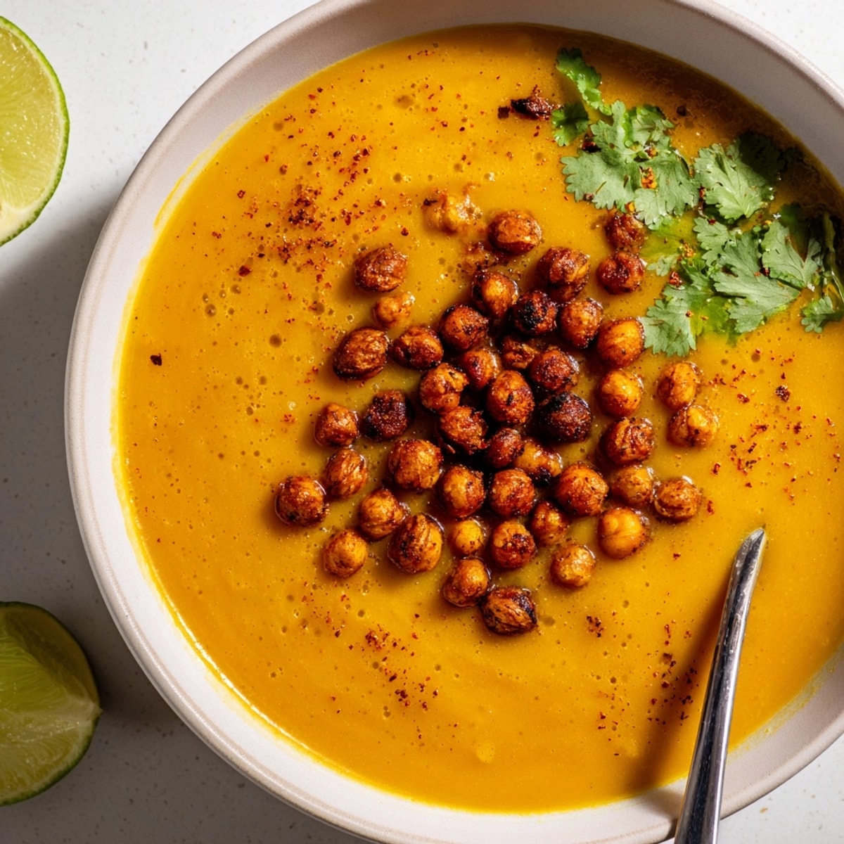 Comforting bowl of homemade Thai Pumpkin Soup ready to serve, a vegan delight.