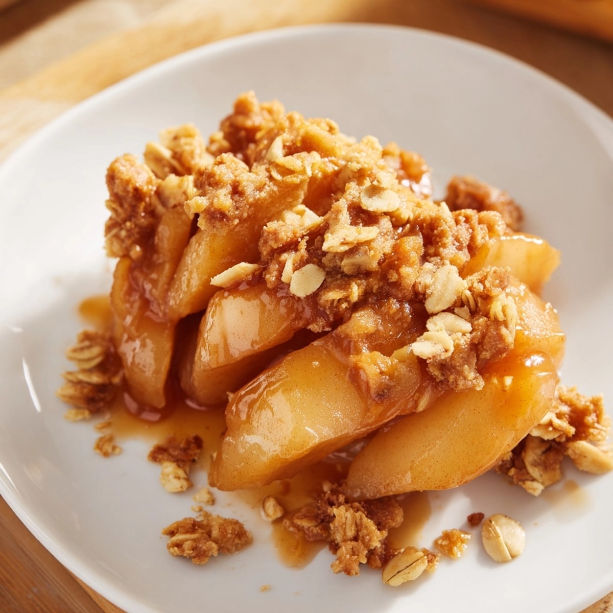 Scoop of creamy vanilla ice cream complements the baked Cinnamon Caramel Pear Crumble.