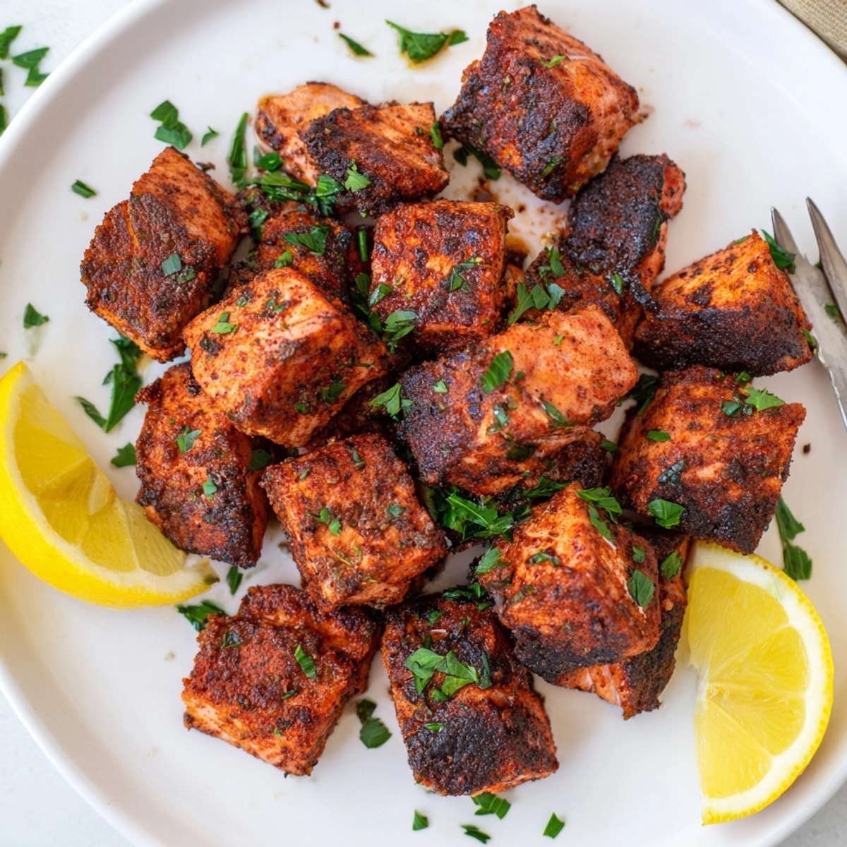 Easy Cajun Blackened Salmon Bites recipe, perfect as a delicious appetizer garnished with parsley.