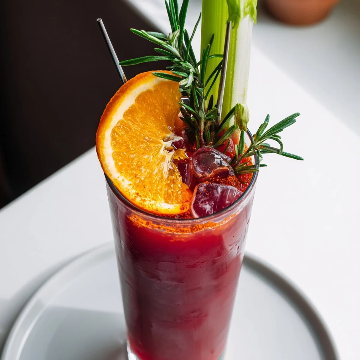 Vibrant Spicy Fall Mocktail: Smoky Bloody Cranberry served with fresh rosemary garnish.  