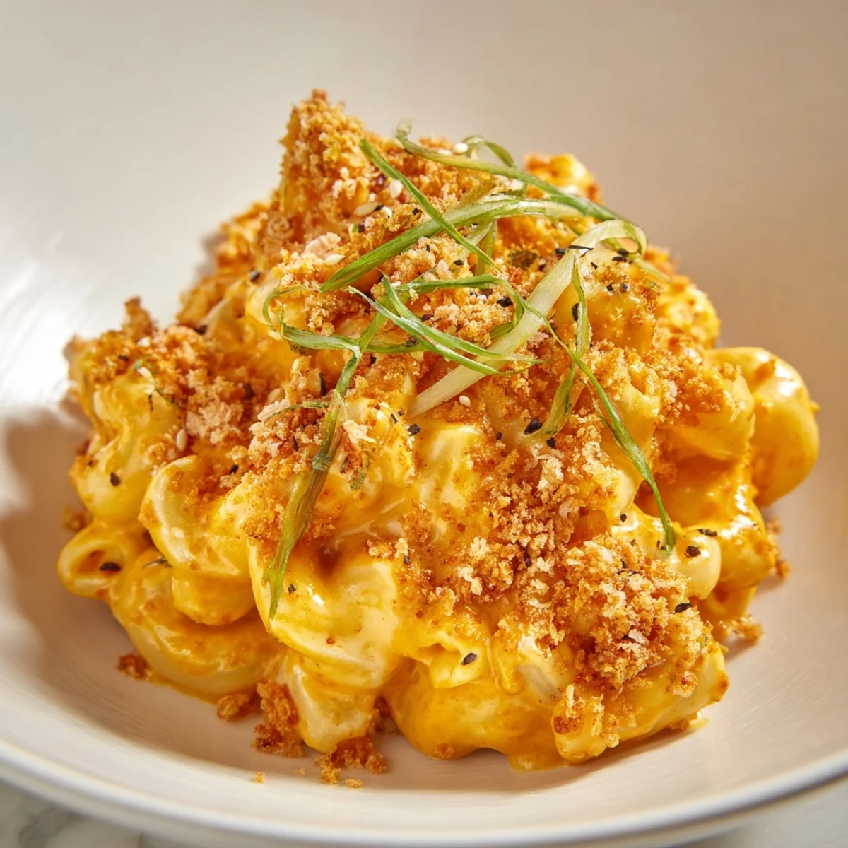 Creamy Katsu Curry Mac & Cheese topped with crispy panko and spring onions.  