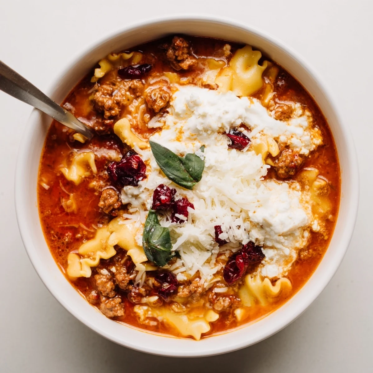 Warm bowl of Lasagne Soup with Roasted Cranberries topped with creamy ricotta and mozzarella.  