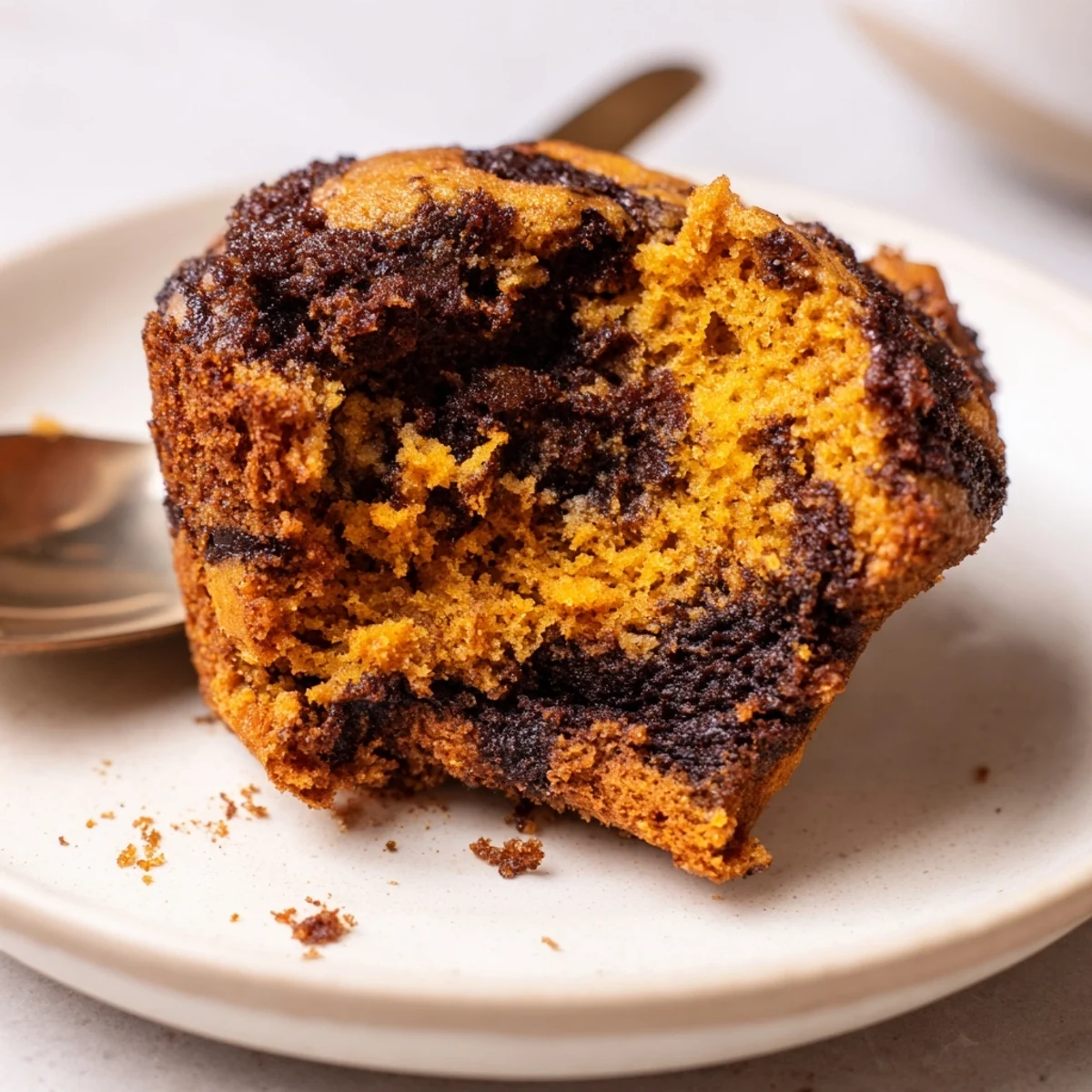 Moist gingerbread pumpkin muffin swirls topped with a festive molasses swirl.  