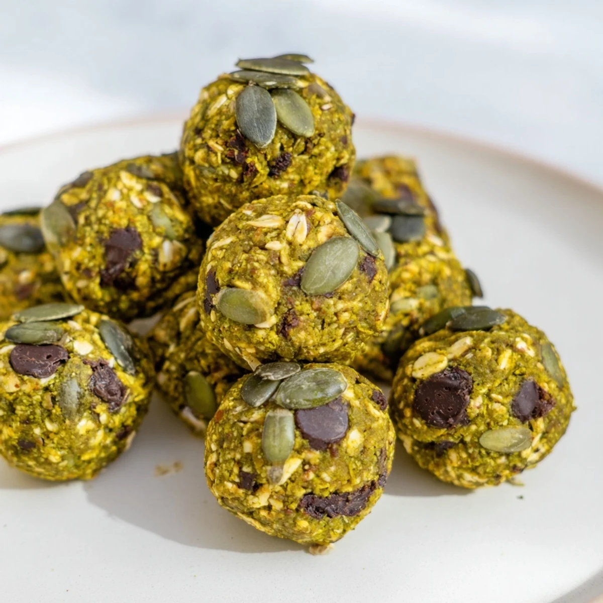 Wholesome Matcha Pumpkin Muffin Energy Balls garnished with pumpkin seeds, perfect for snacking.  