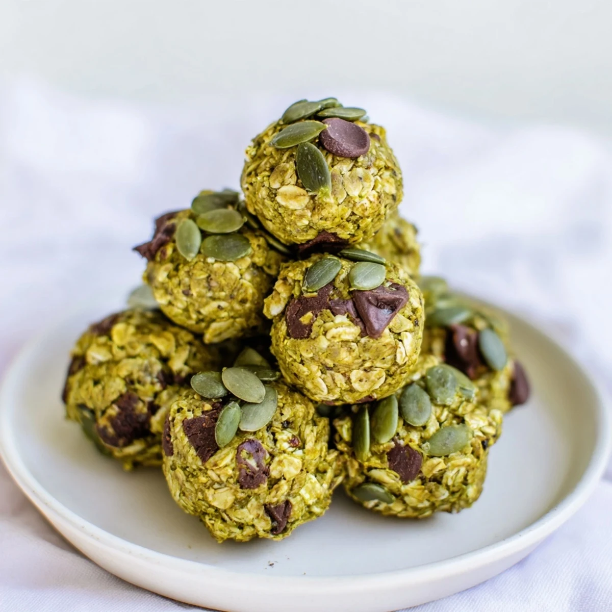 Colorful energy balls bursting with pumpkin flavor, matcha, and dark chocolate chips.  
