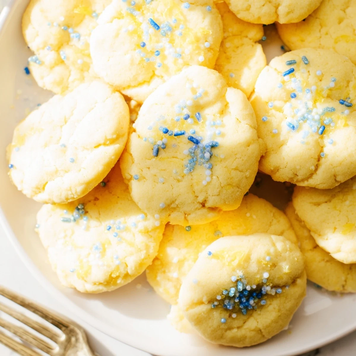 Bright Festive Hanukkah Lemon Christmas Cookies topped with sweet glaze and colorful sprinkles.  