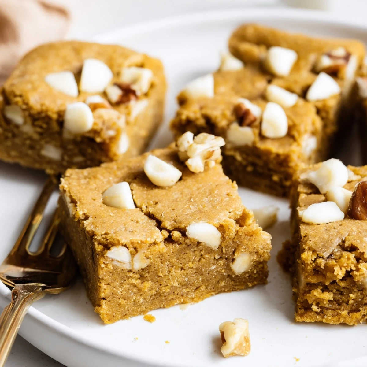 Decadent pumpkin blondies infused with bourbon and topped with pecans.  