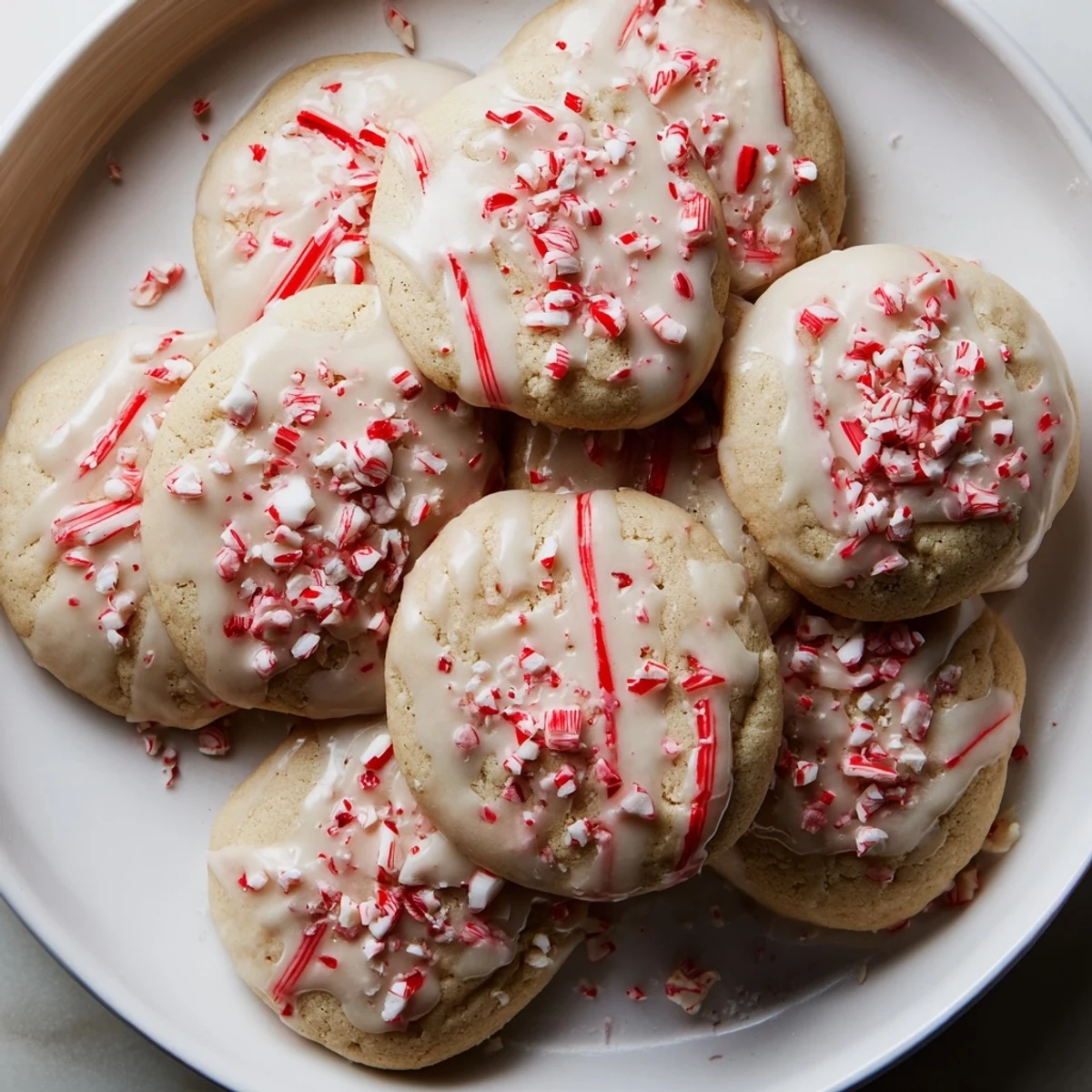 Soft peppermint candy soda float cookies topped with fizzy glaze and crushed candies.  