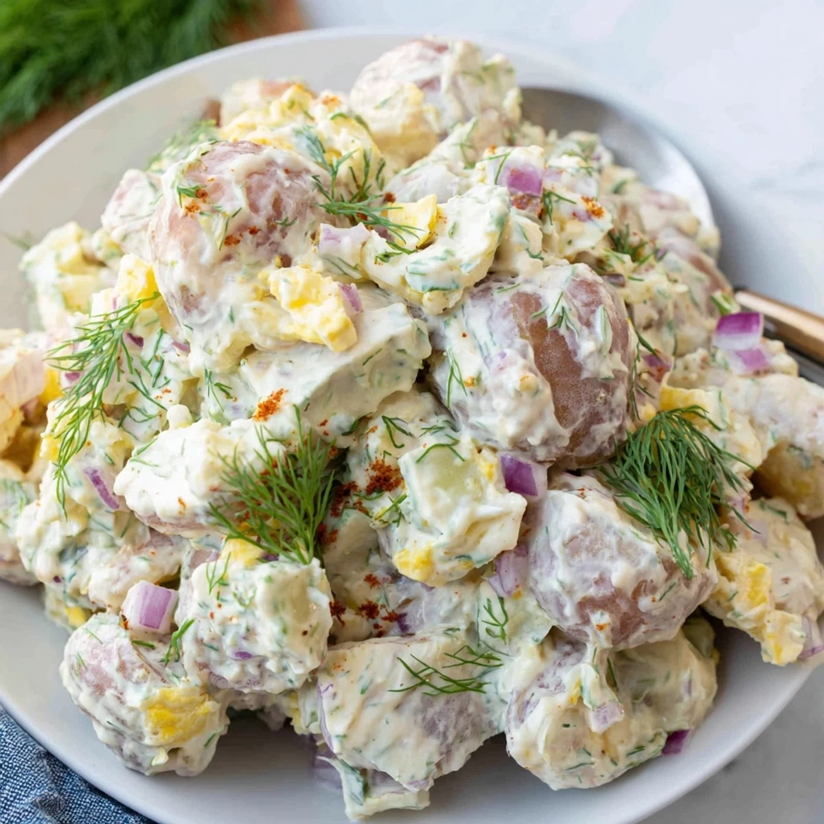 Creamy Spicy Pickle Ranch Potato Salad with vibrant dill and crunchy pickles.  