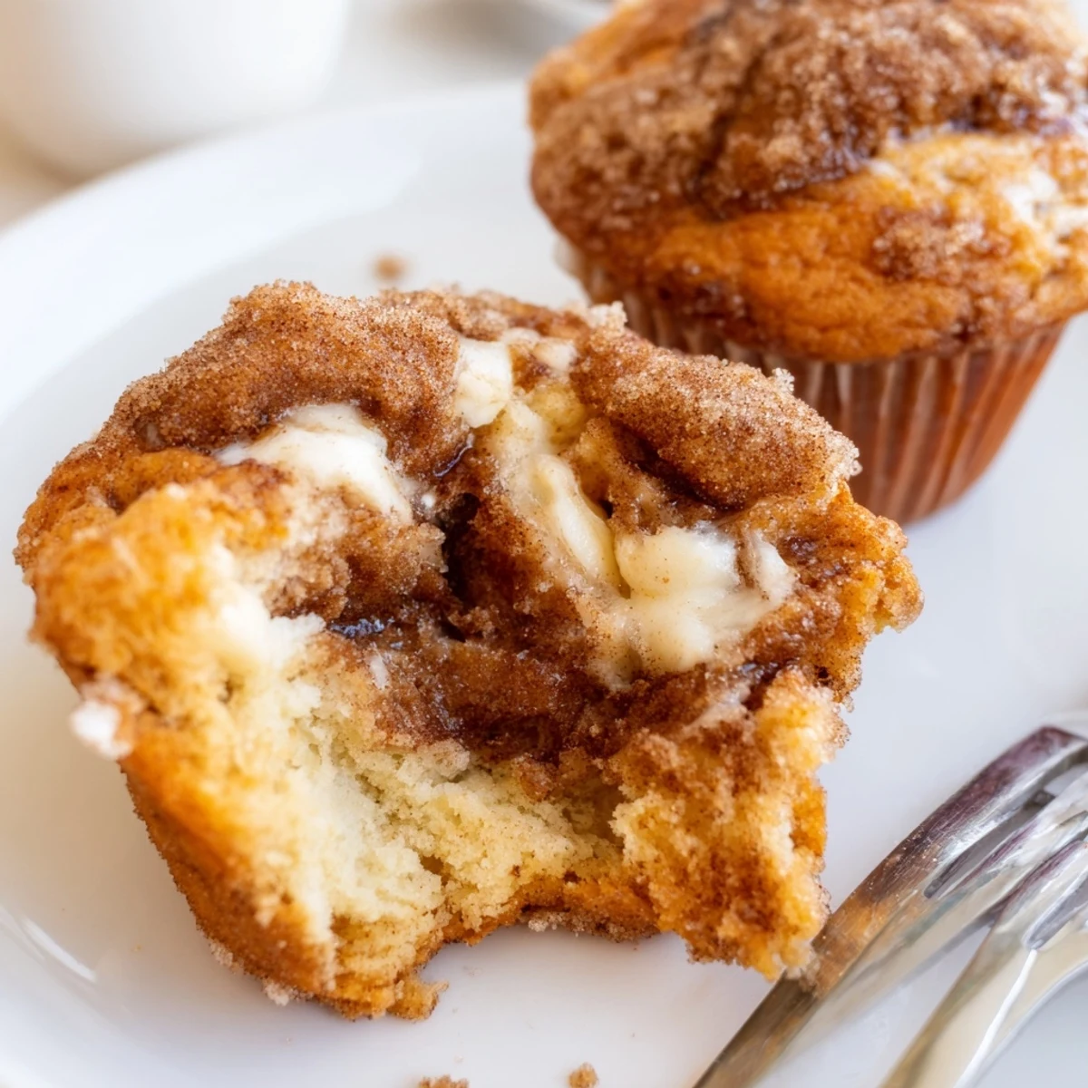 Fluffy Cheesy Churro Chaos Muffins dusted with cinnamon sugar and gooey cheese.  