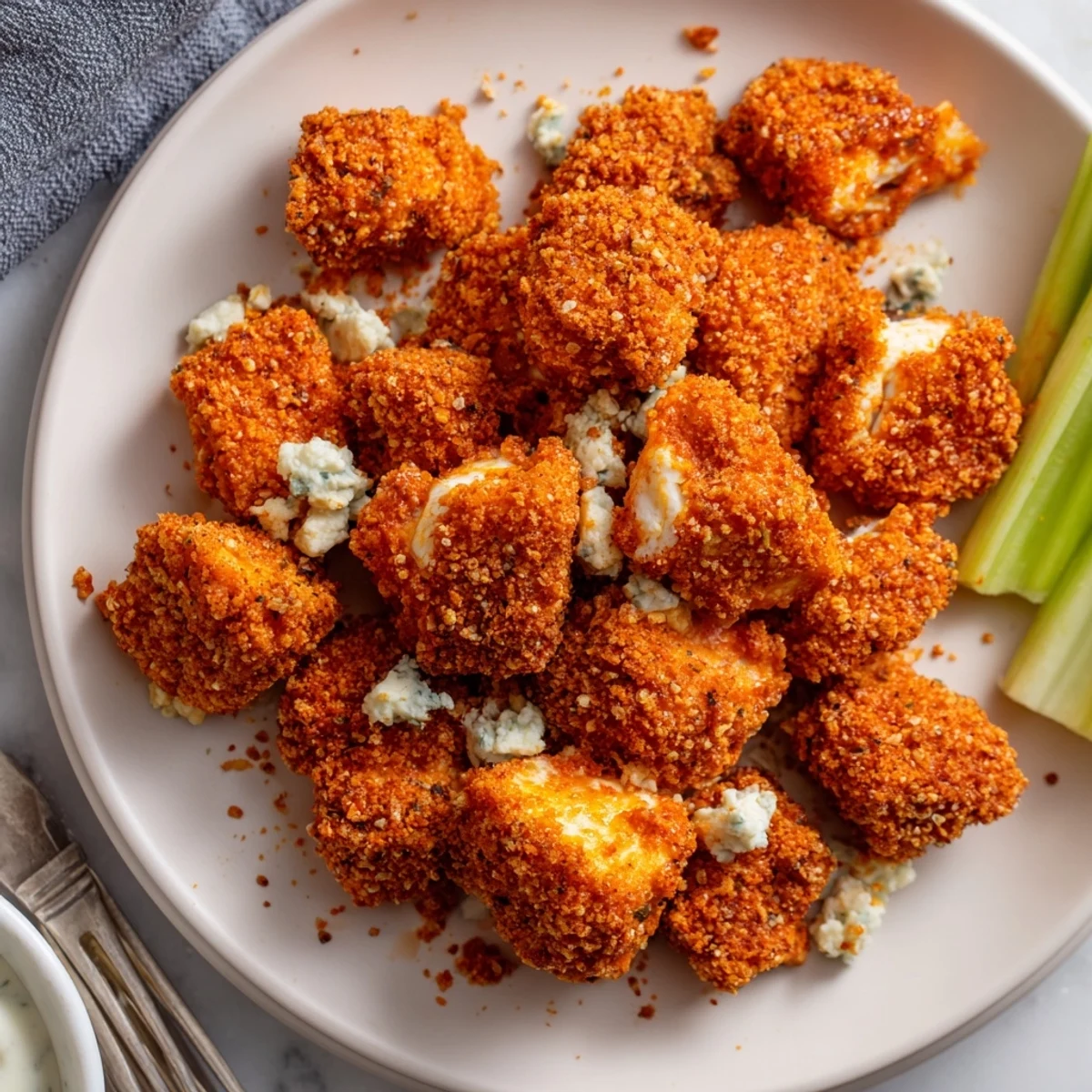 Crunchy Spicy Pretzel Crusted Buffalo Bites served with fresh celery sticks.  