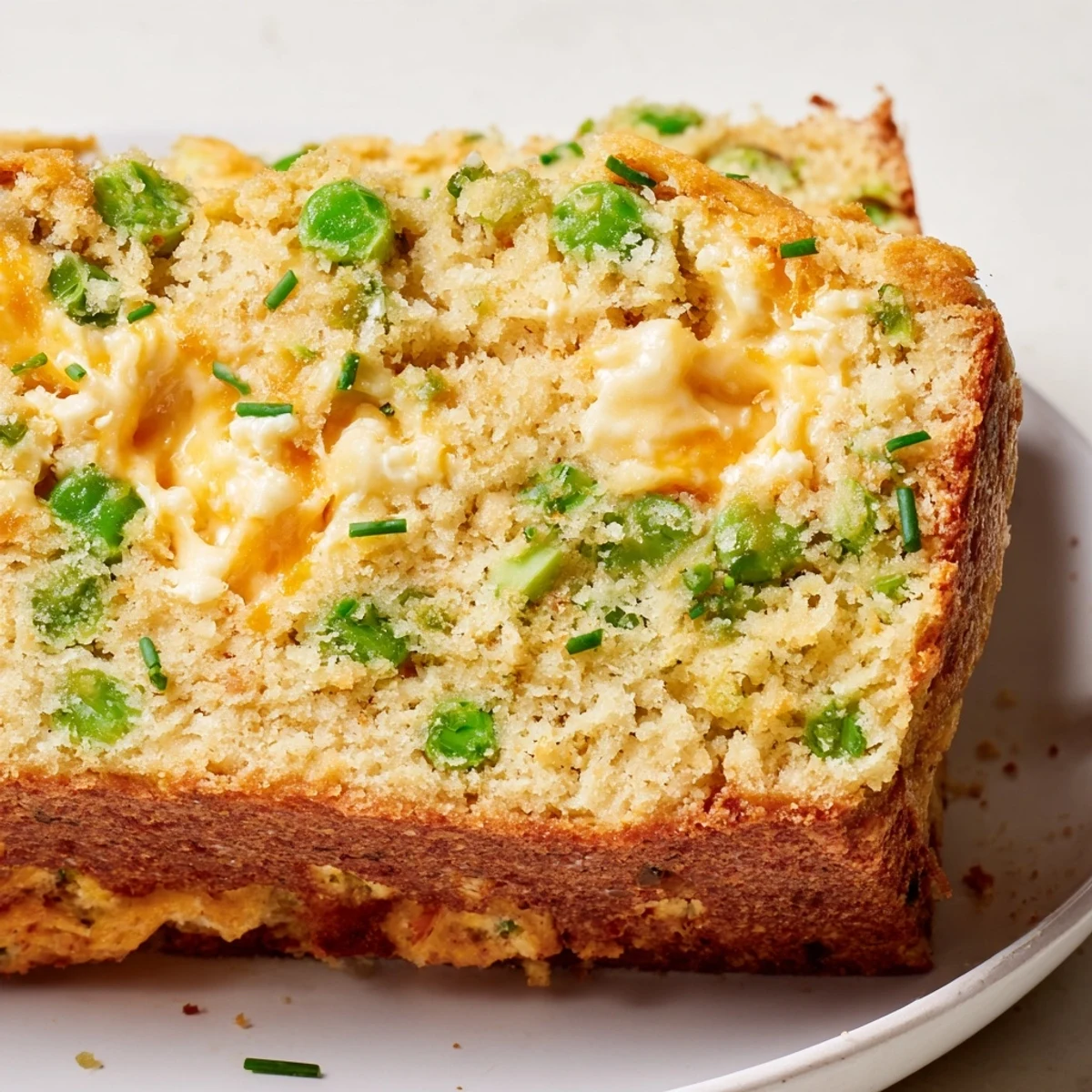Slice of Snap Pea Cheddar Muffin Loaf, vibrant peas and melted cheddar shining beautifully.