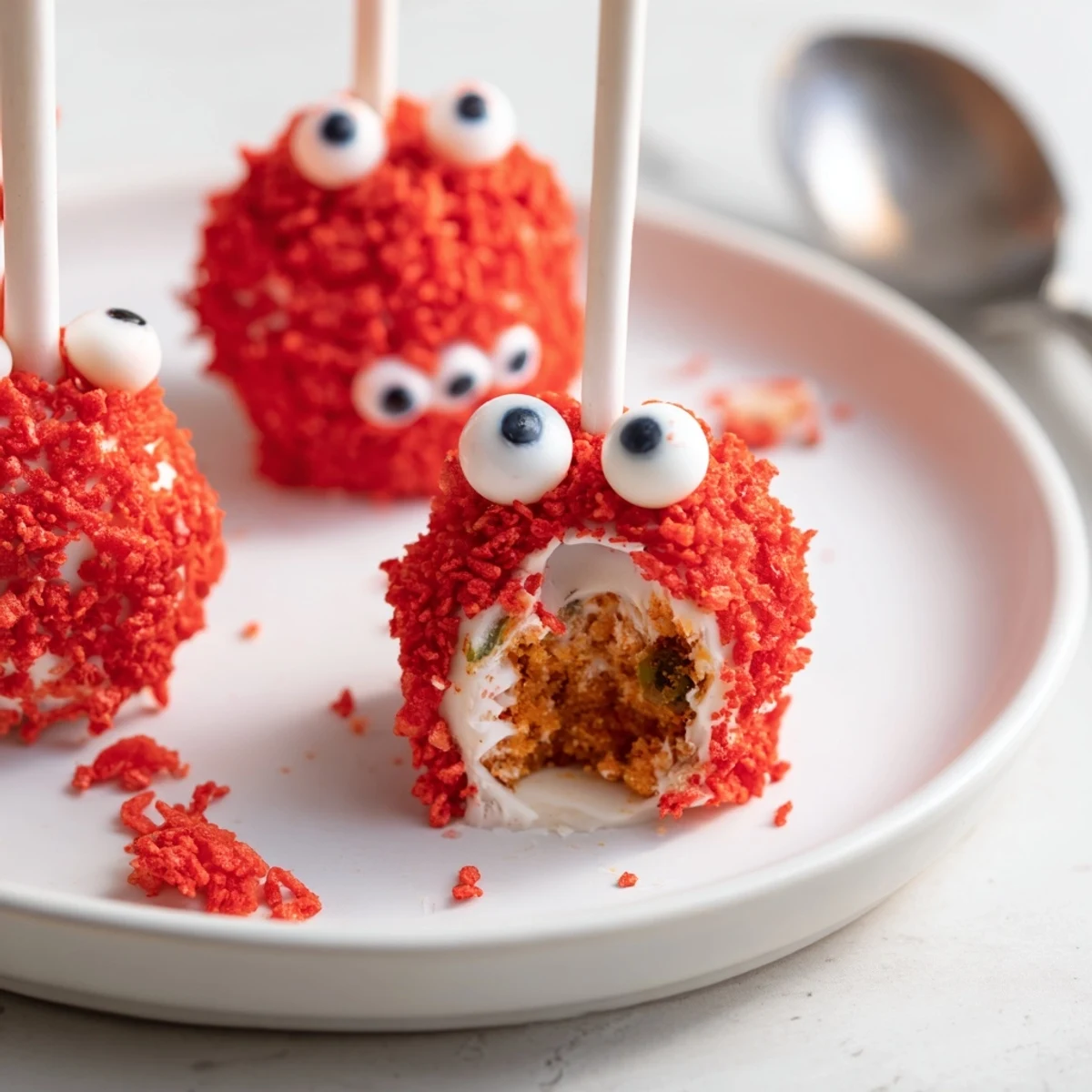 Flamin Hot Dill Pickle Sweet Potato Monster Cake Pops coated in crunchy Cheetos for unique snacking.  