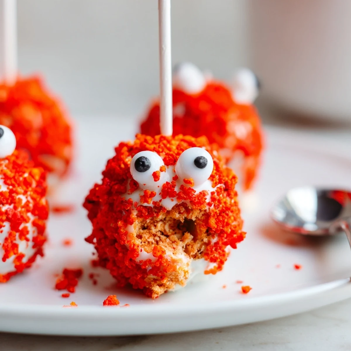 Vibrant Flamin Hot Dill Pickle Sweet Potato Monster Cake Pops with candy eyes ready for fun bites.  